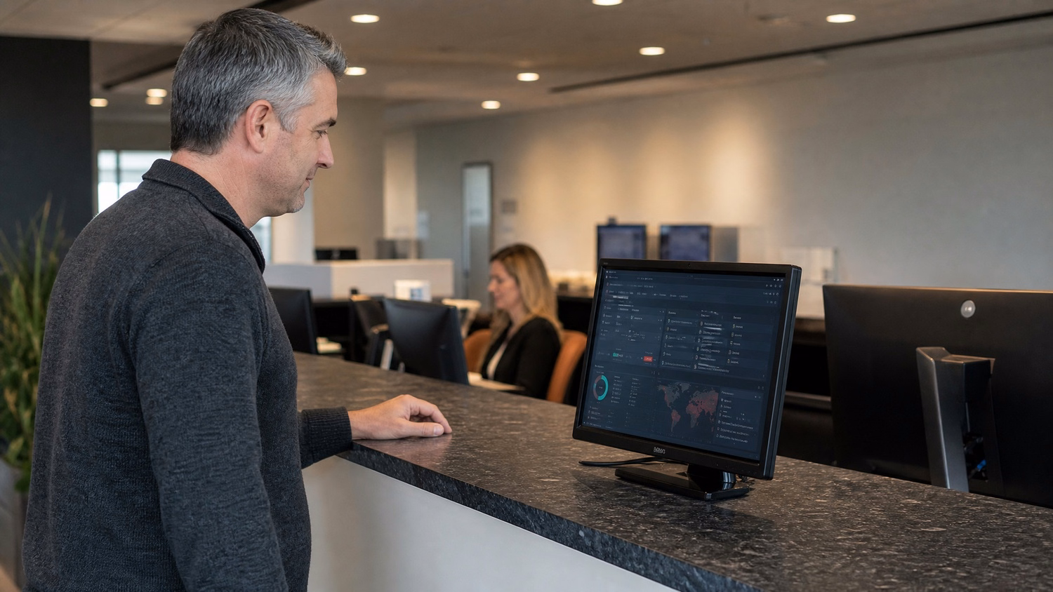 Man reviews firewall alert on security log monitor 62 chars