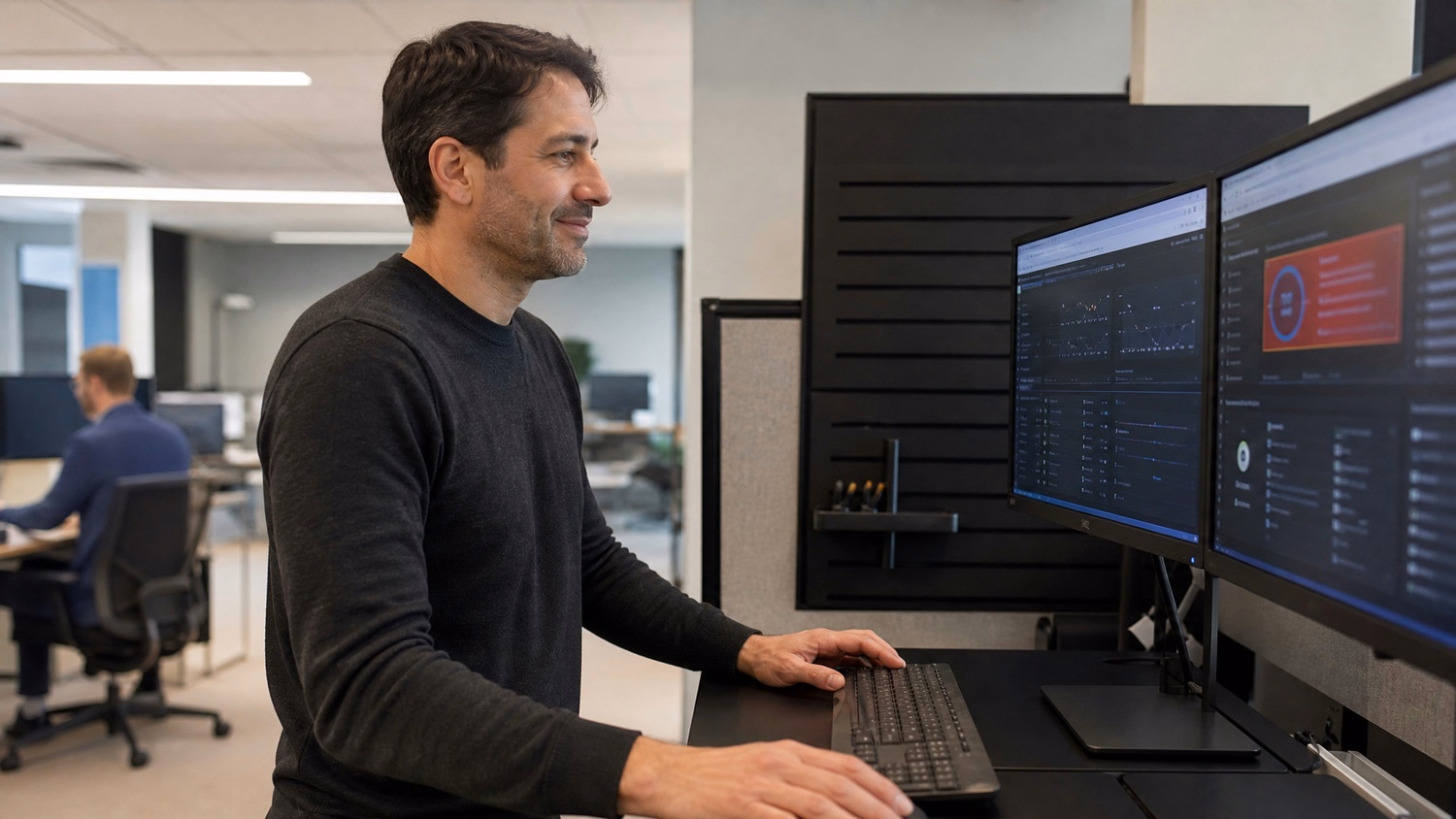 Man at standing desk reviews EDR threat alert
