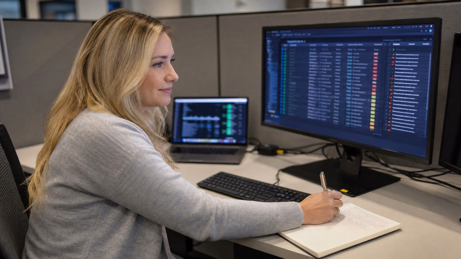 Woman taking notes from complex dark dashboard on screen 61