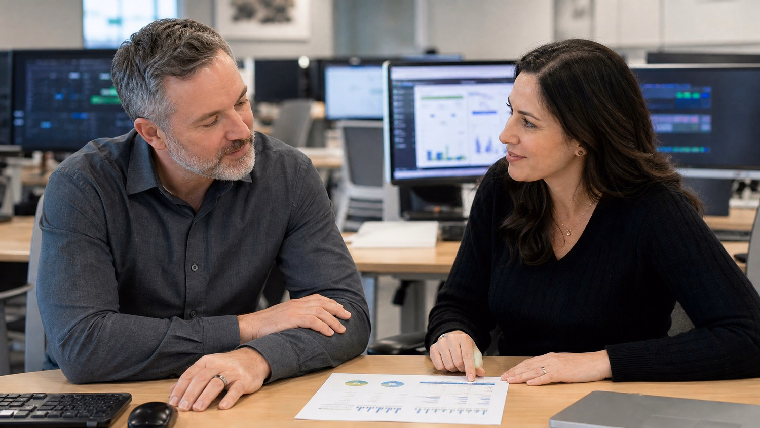 Man and woman discuss email flow chart at desk