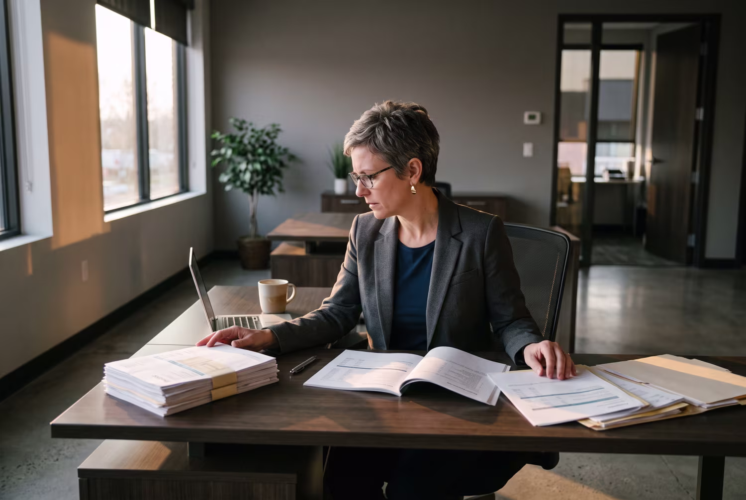 CFO at desk with organized and scattered invoices in afternoon sunlight