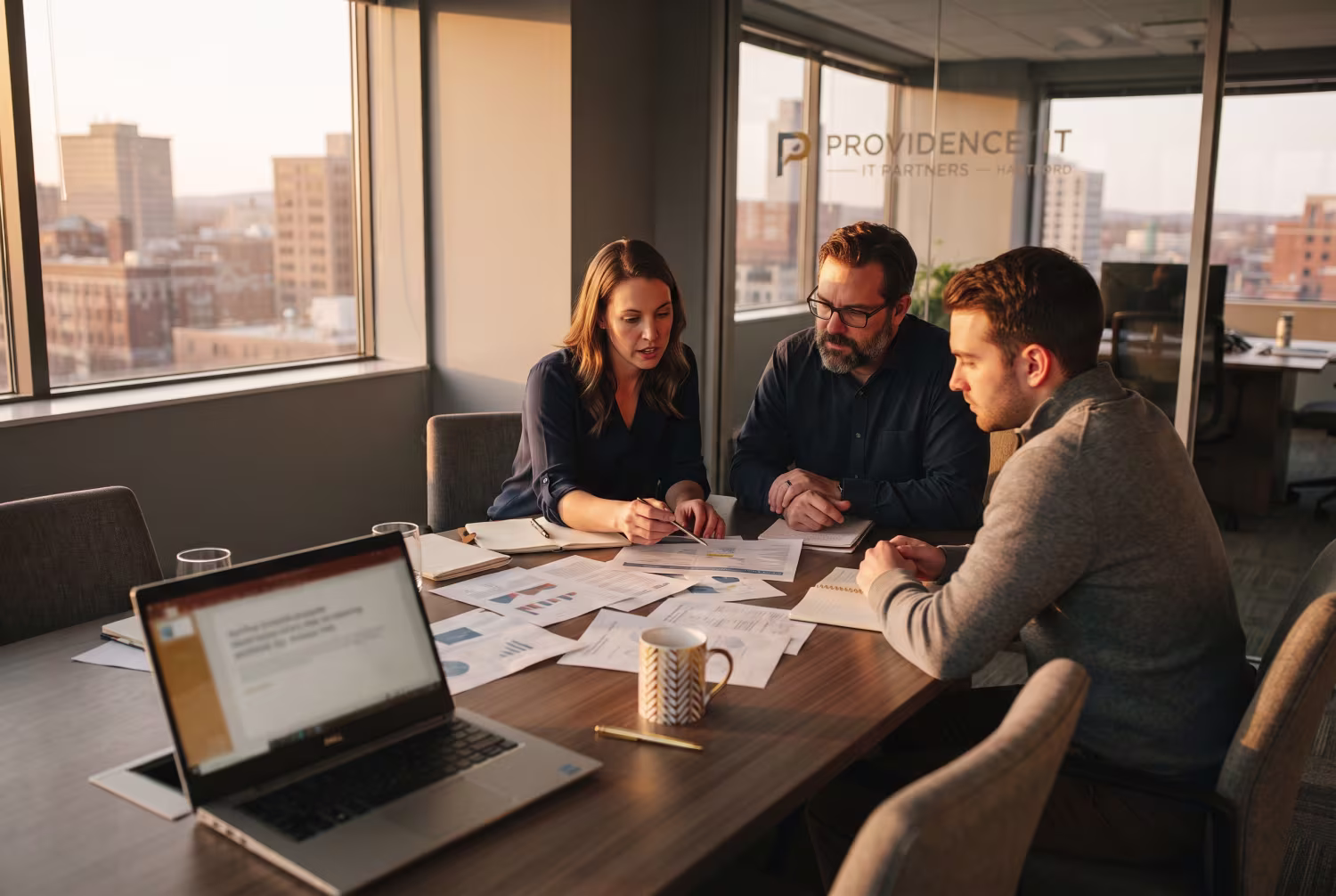 IT consultants reviewing proposal around conference table