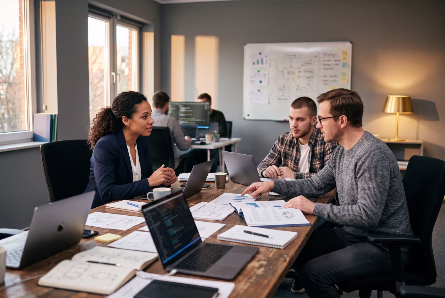 IT consultants discussing proposal at cluttered workspace table