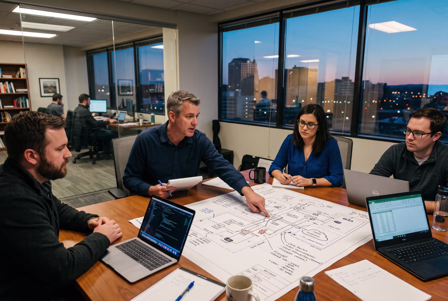 IT consultants examining network diagram in Hartford office