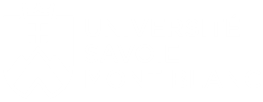 Université Savoie Mont Blanc logo with mountain and crown emblem in white.