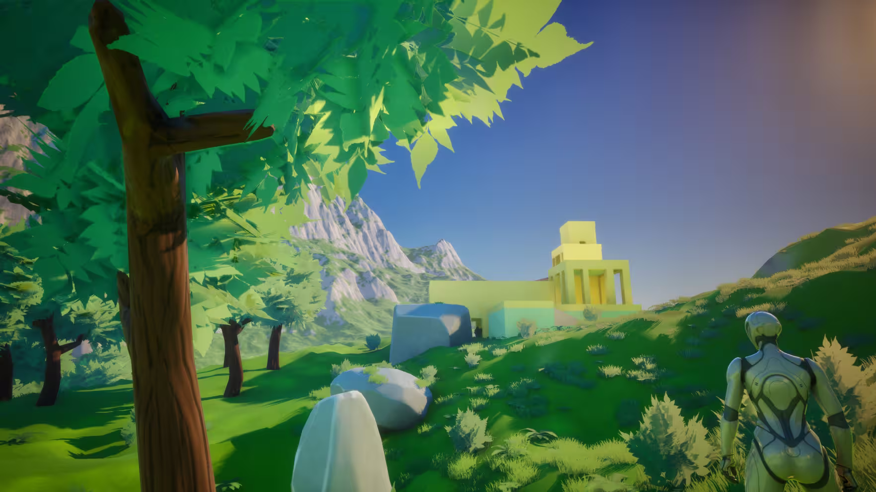 Futuristic humanoid robot overlooking a green landscape with rocks, trees, and a yellow building.