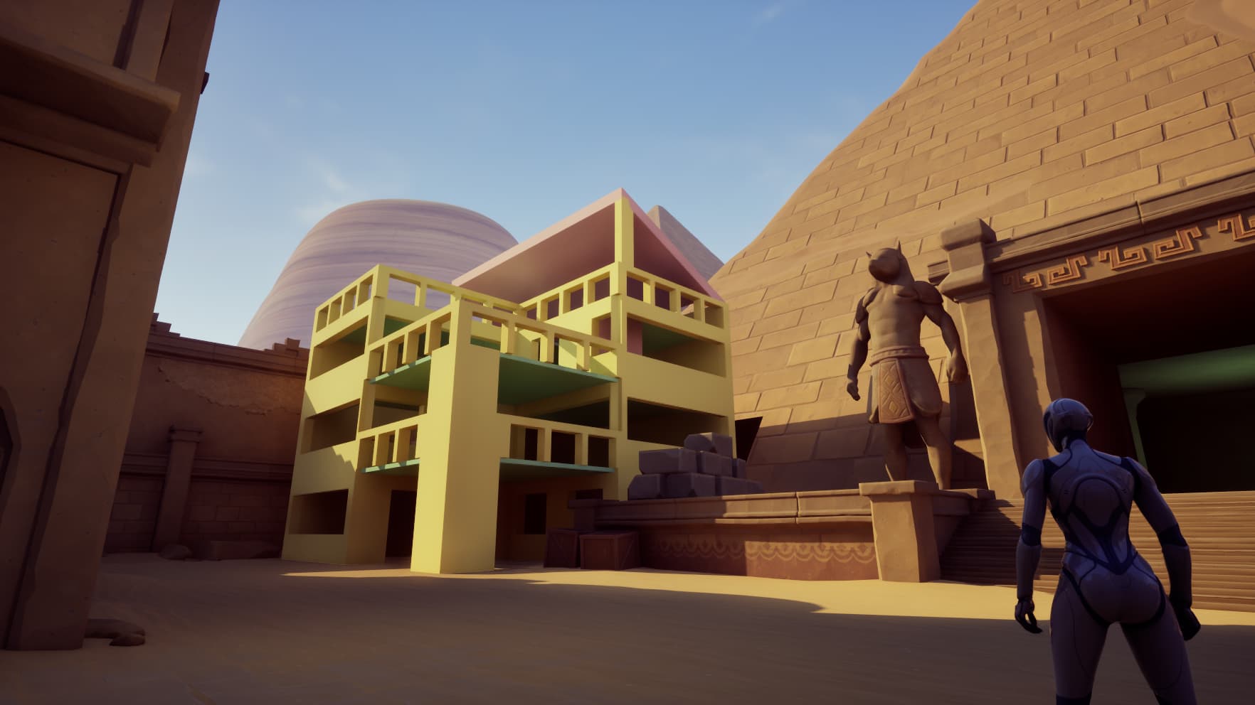 Digital scene of a humanoid figure facing a large pyramid with an Egyptian-style statue and a modern yellow building.