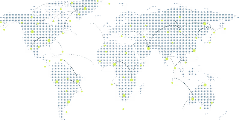 Dotted world map showing global connections with yellow nodes and curved lines linking continents.