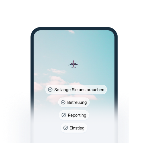 Smartphone screen showing an airplane flying in blue sky with German checklist text below it.