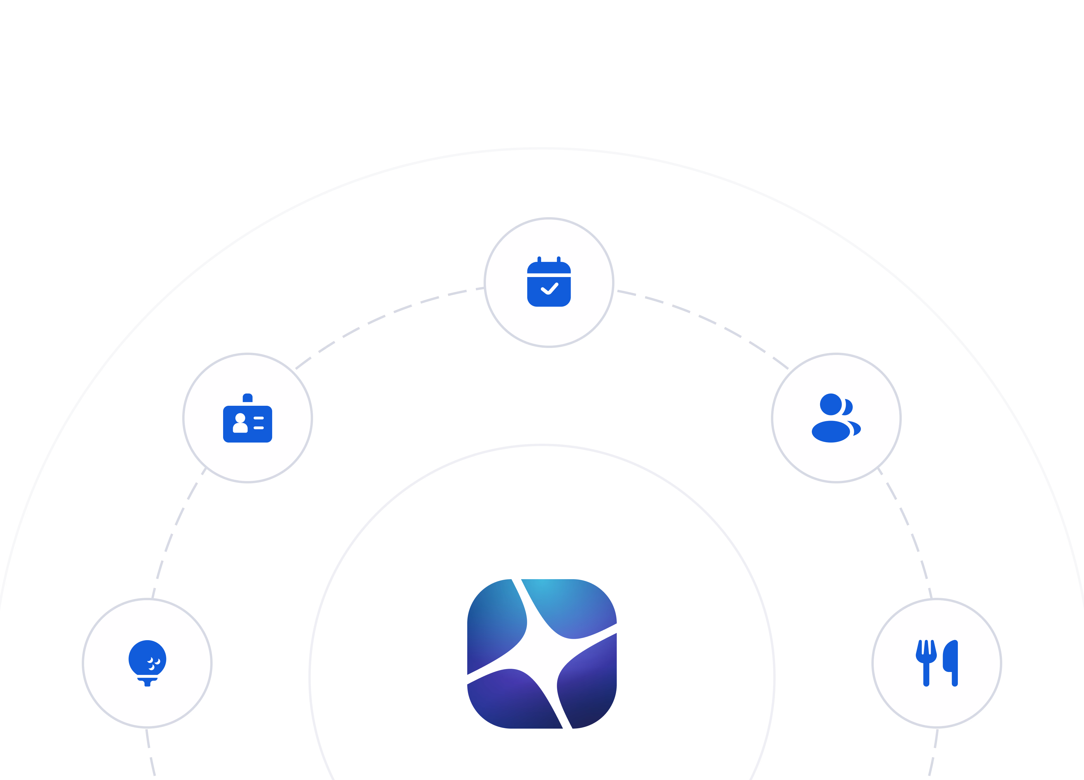 A blue logo surrounded by six circular icons representing calendar, contacts, people, microphone, and settings features