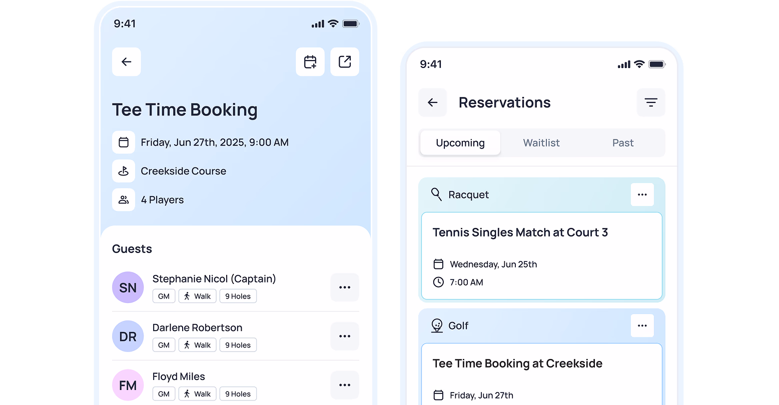 Two mobile phone screens showing a golf tee time booking interface with guest list and reservation details