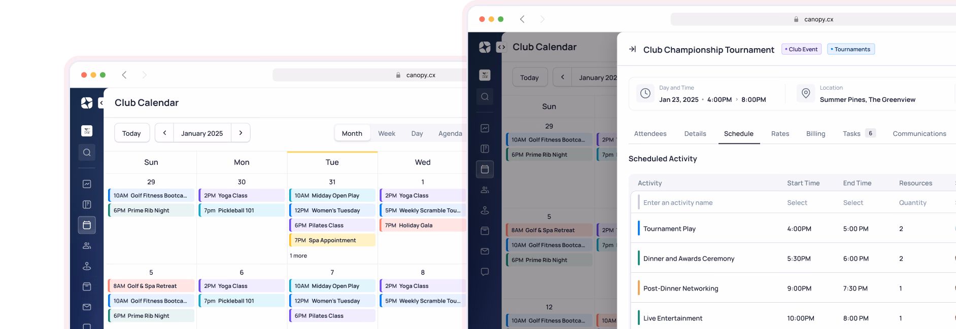 Multiple views of an event management dashboard with calendar, task scheduling, and budget tracking interfaces