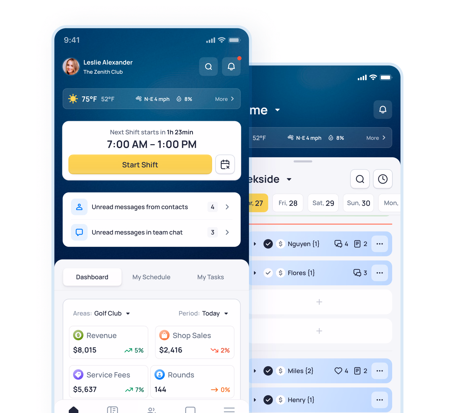 Mobile app interface showing shift scheduling, messages, and financial metrics for a golf club management system