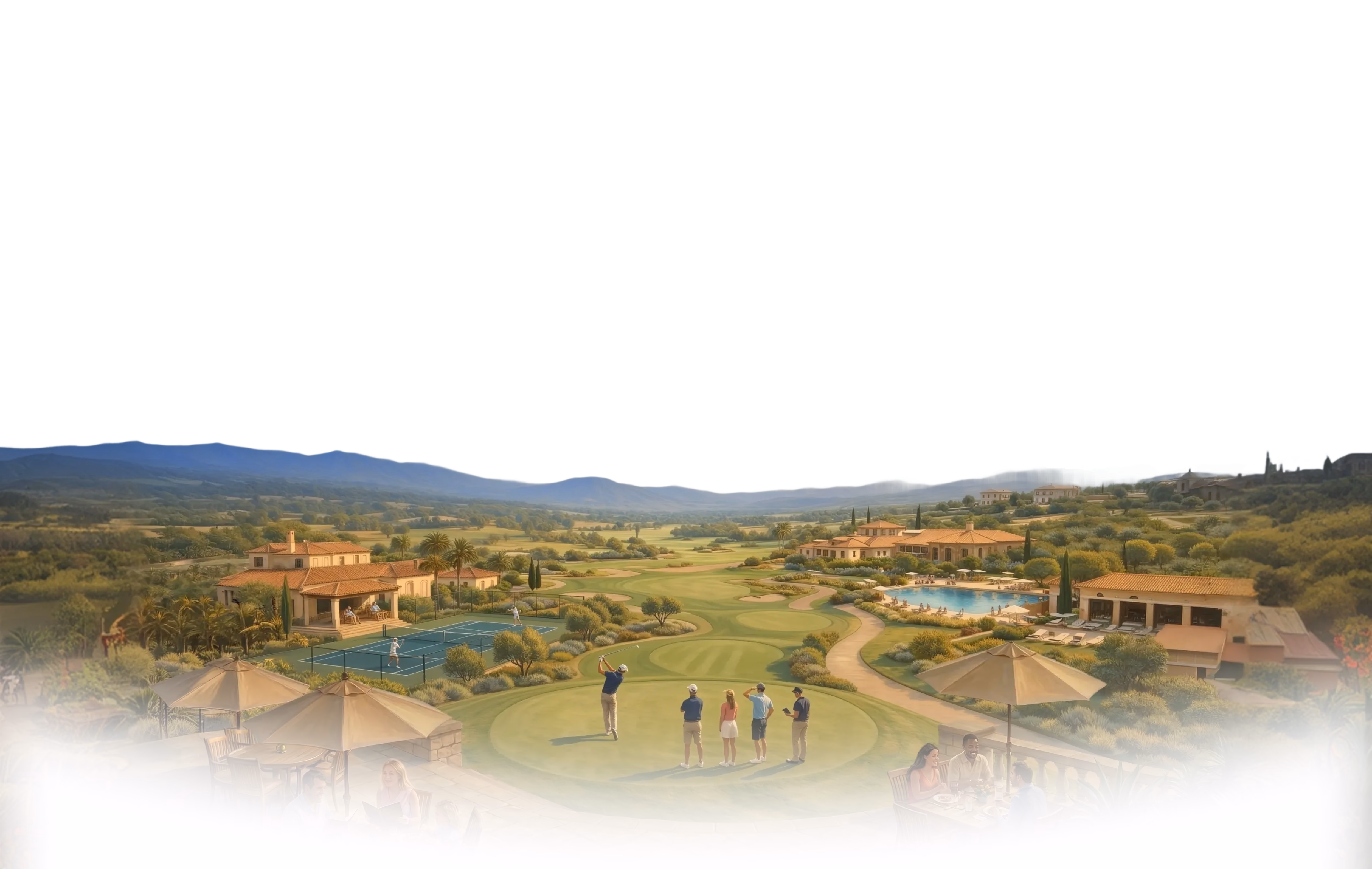 Aerial view of a sprawling resort with terracotta buildings, pools, and manicured grounds in a rolling landscape