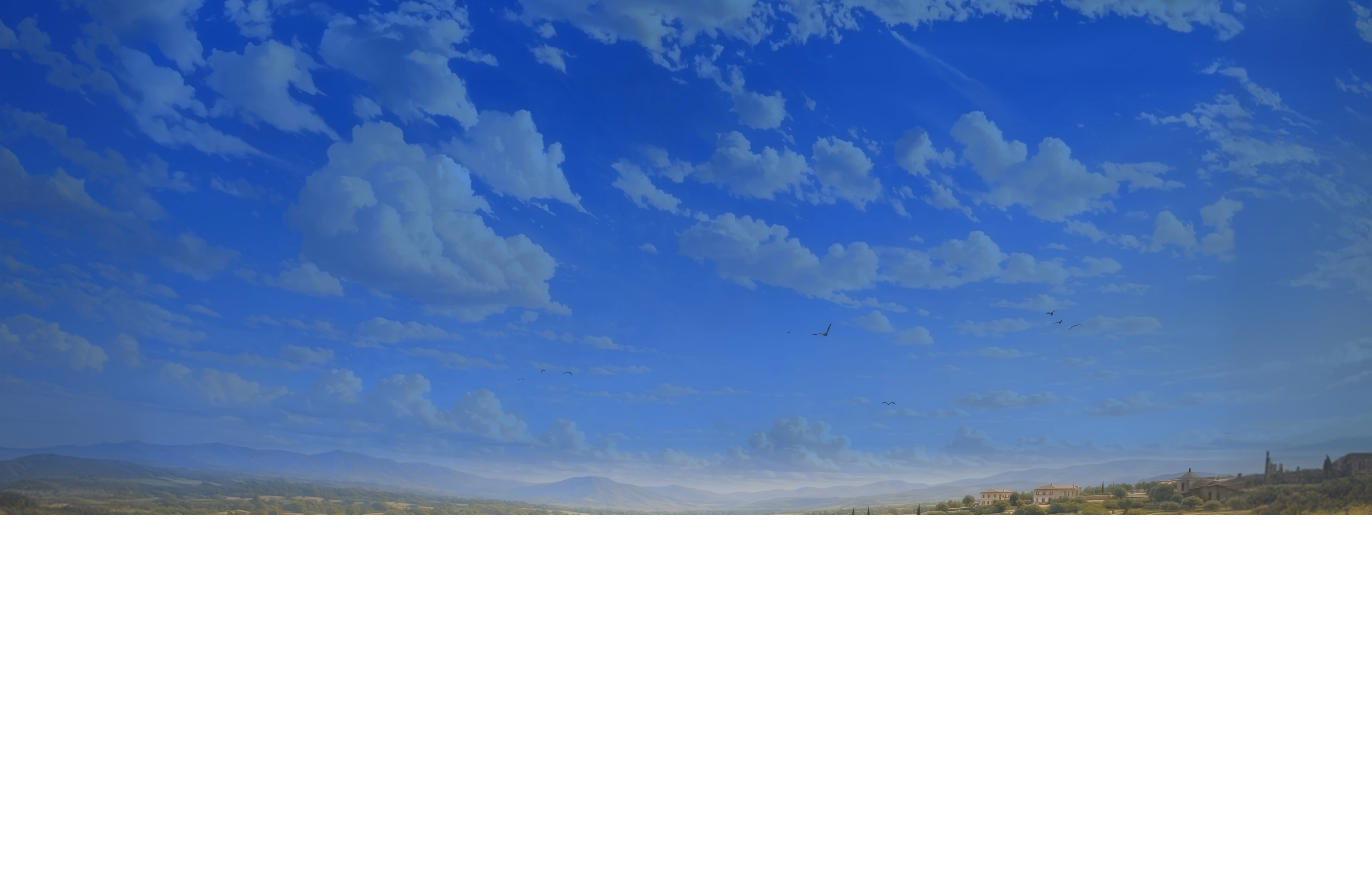 Blue sky with white clouds over a wide, arid landscape with distant hills and scattered buildings