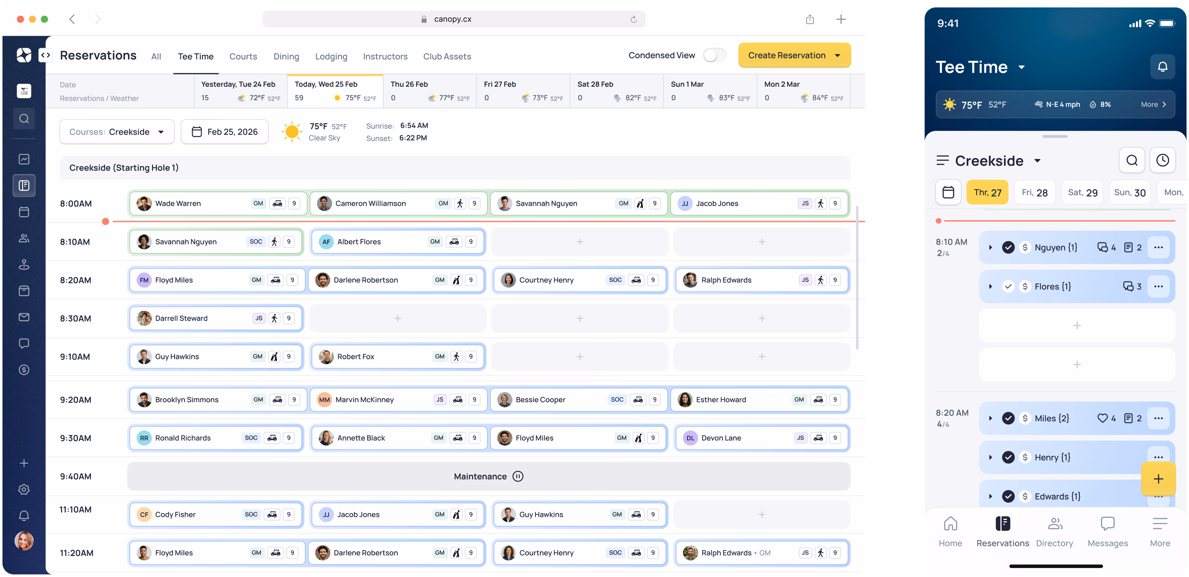 Project management interface showing team members, tasks, and scheduling timeline with "Tee Time" project details visible on right panel