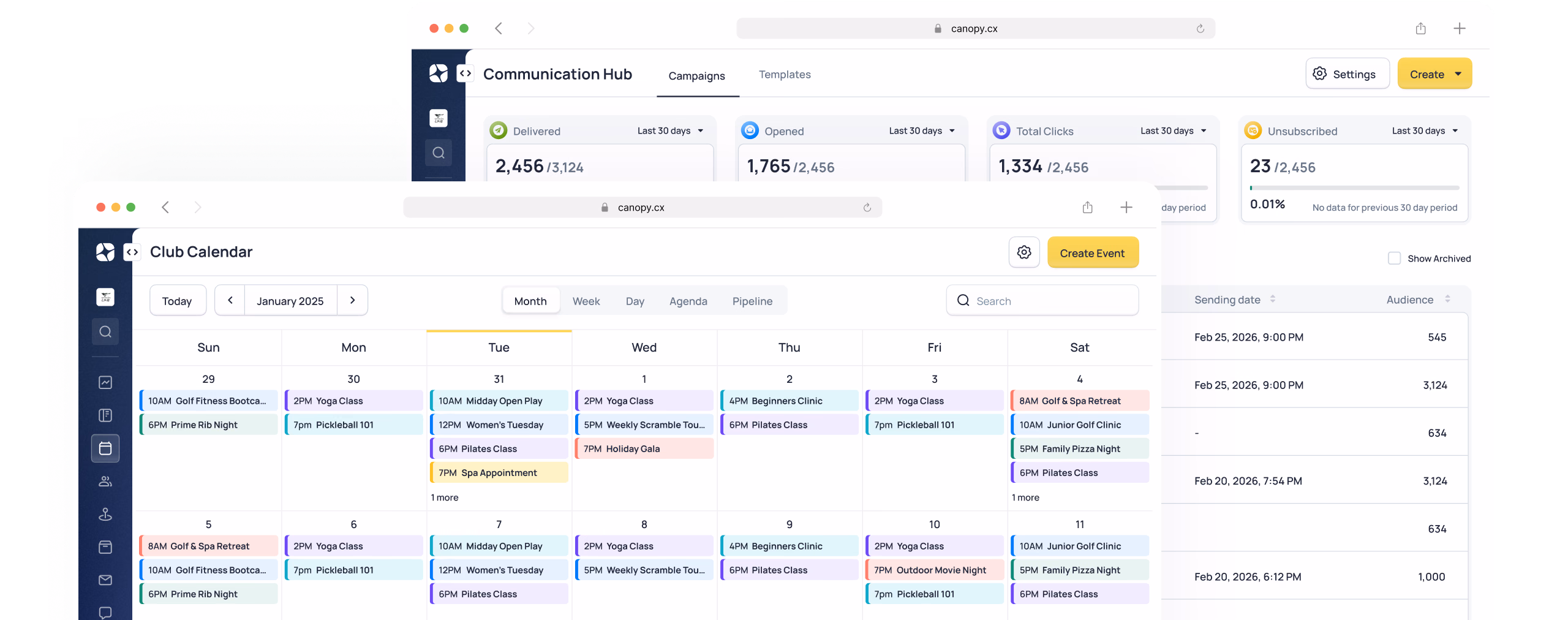 Canopy communication hub interface showing calendar view with scheduled messages and analytics dashboard displaying engagement metrics