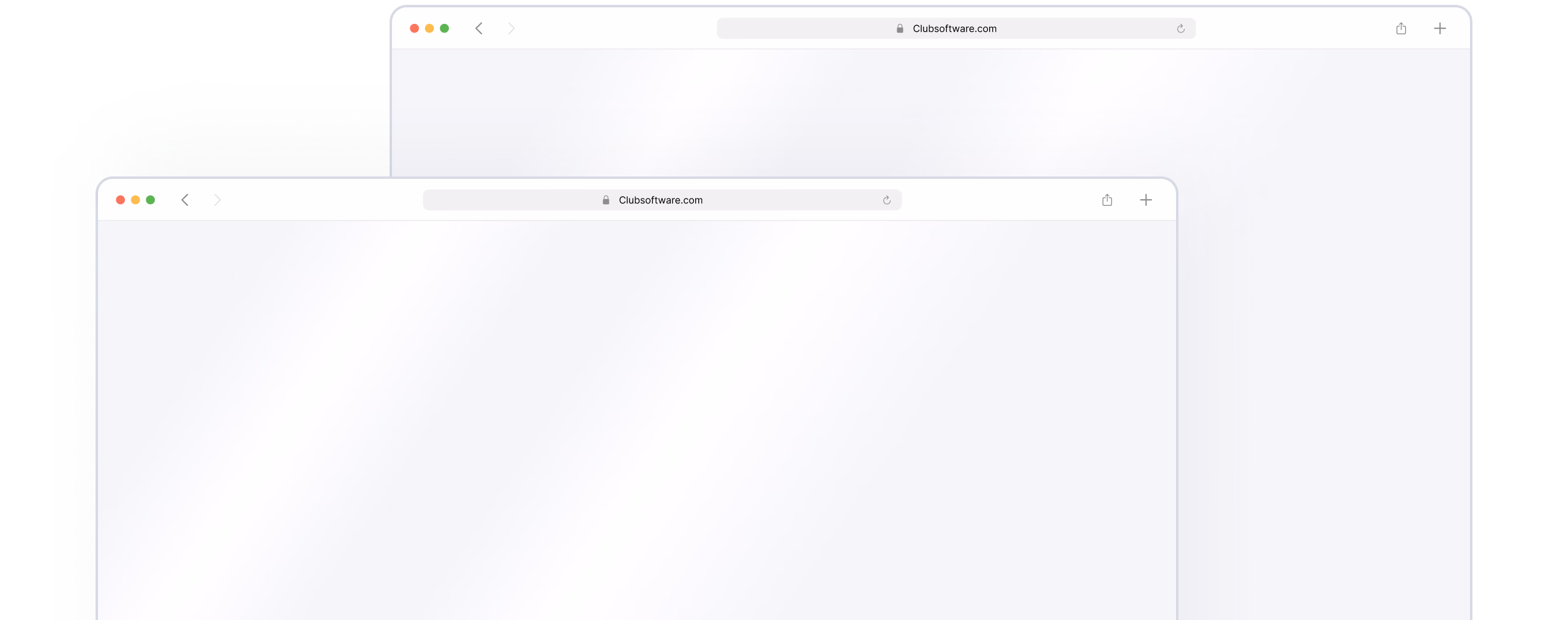 Two overlapping browser windows displaying a website interface with minimalist design and light gray placeholder content