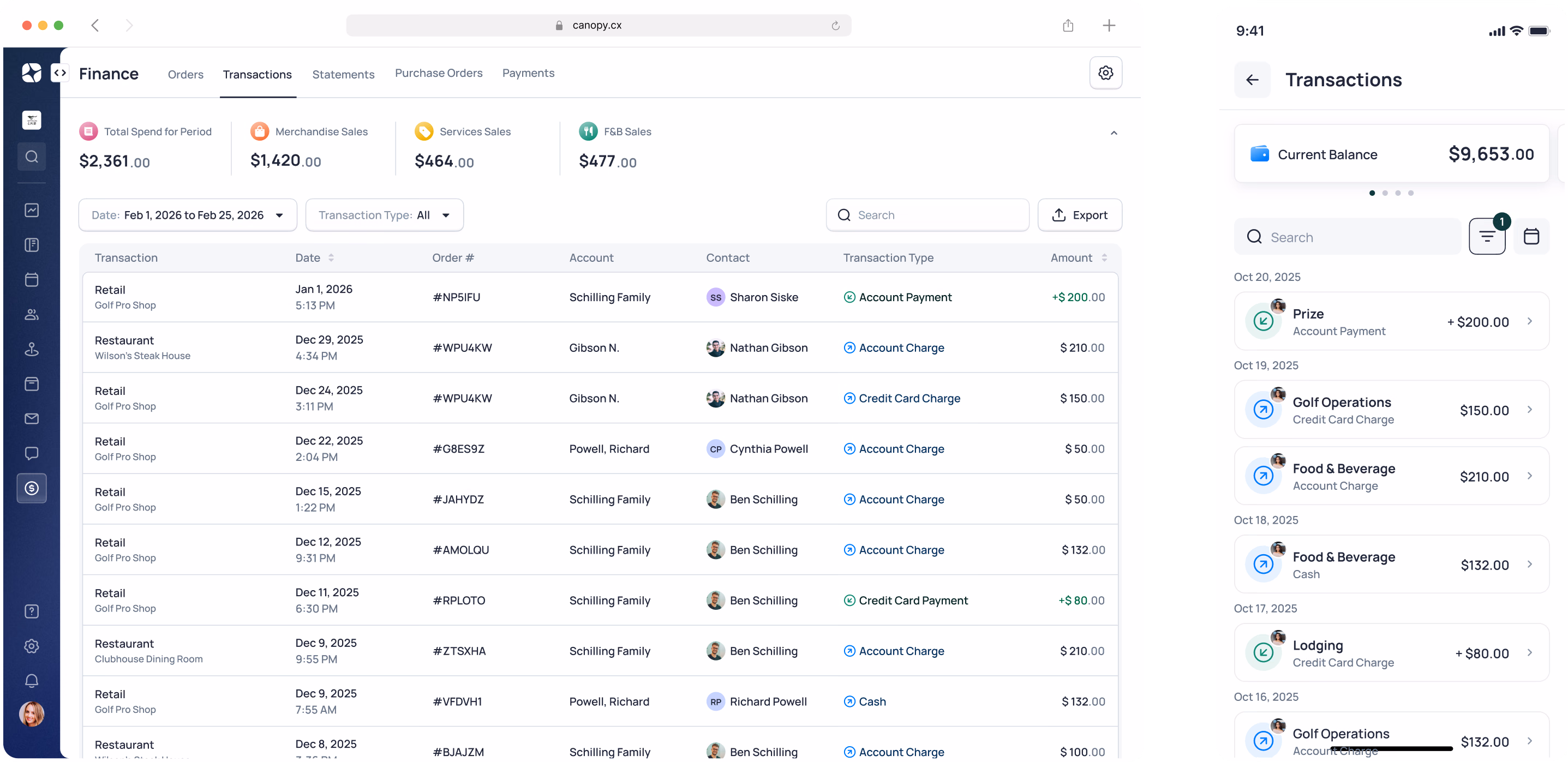 Financial dashboard showing account balance of $3,833.00 and recent transactions list with dates and amounts