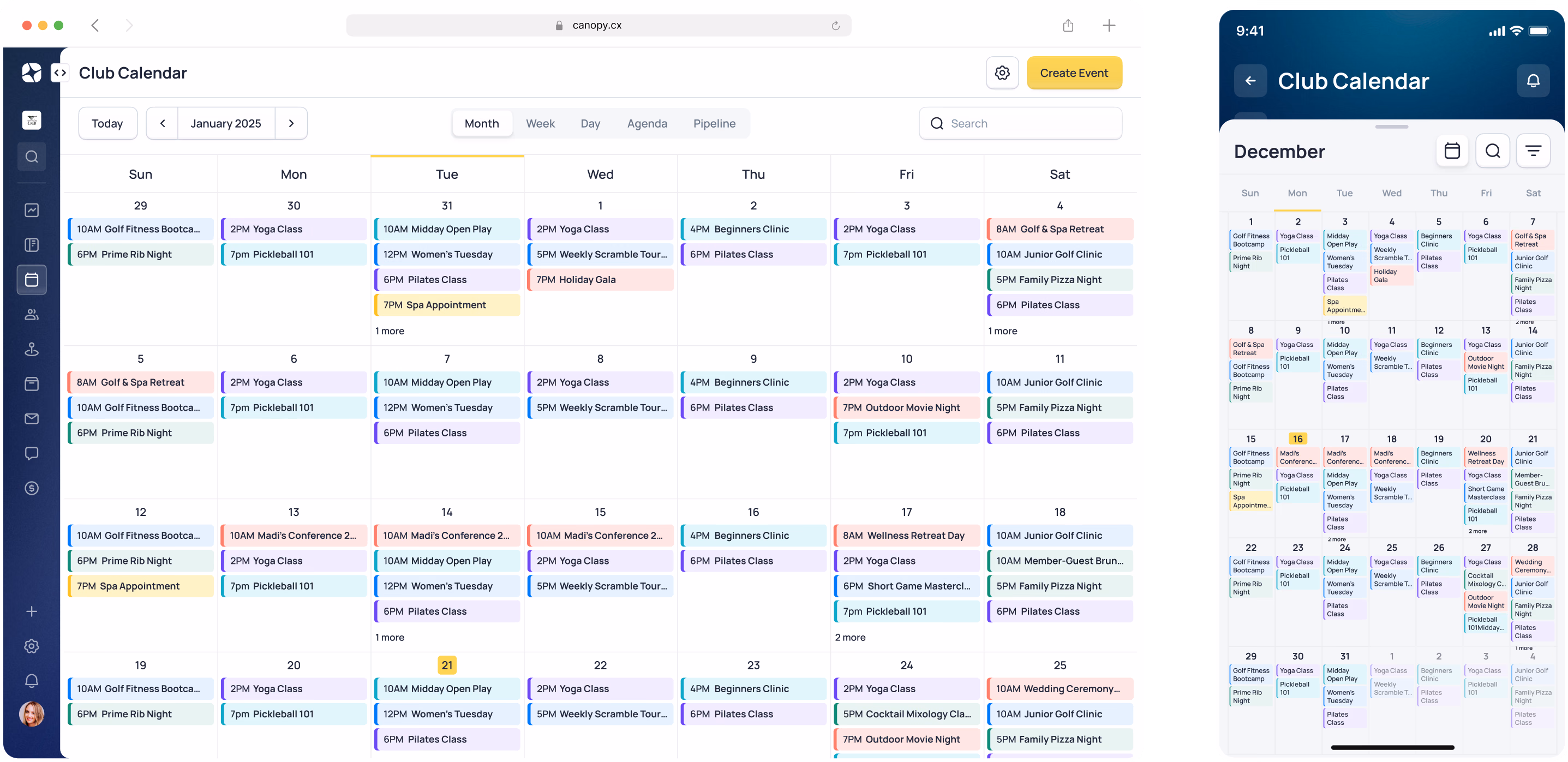 Club Calendar interface showing January 2025 monthly view with color-coded events and activities listed for each day