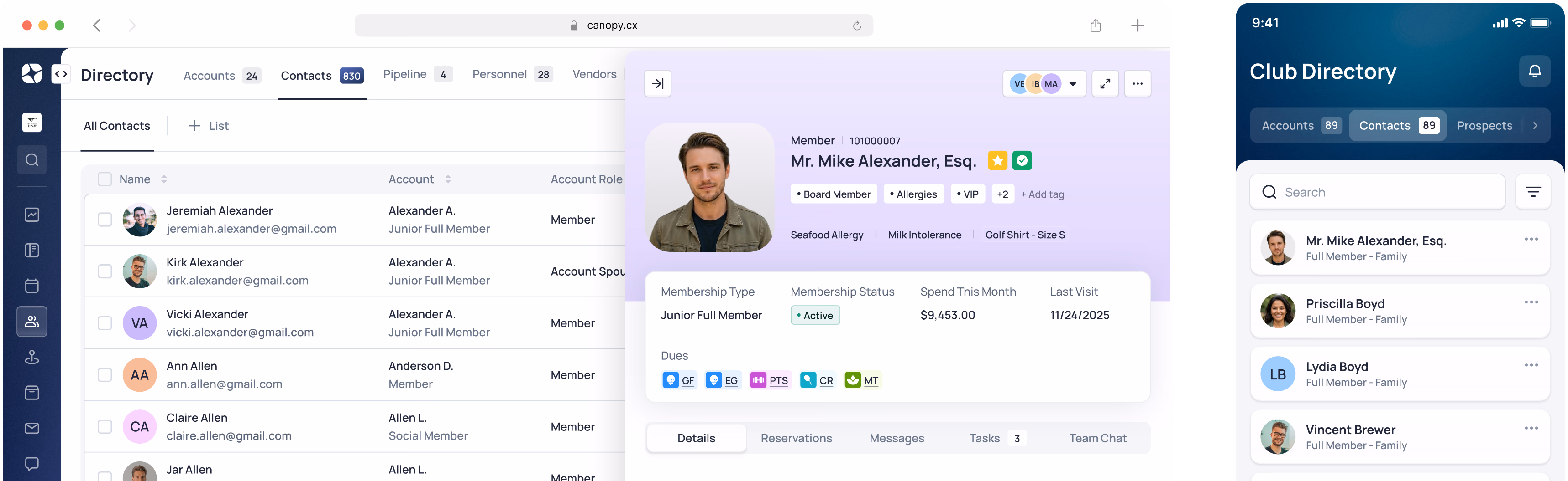Directory interface showing user profiles with contact details and messaging options