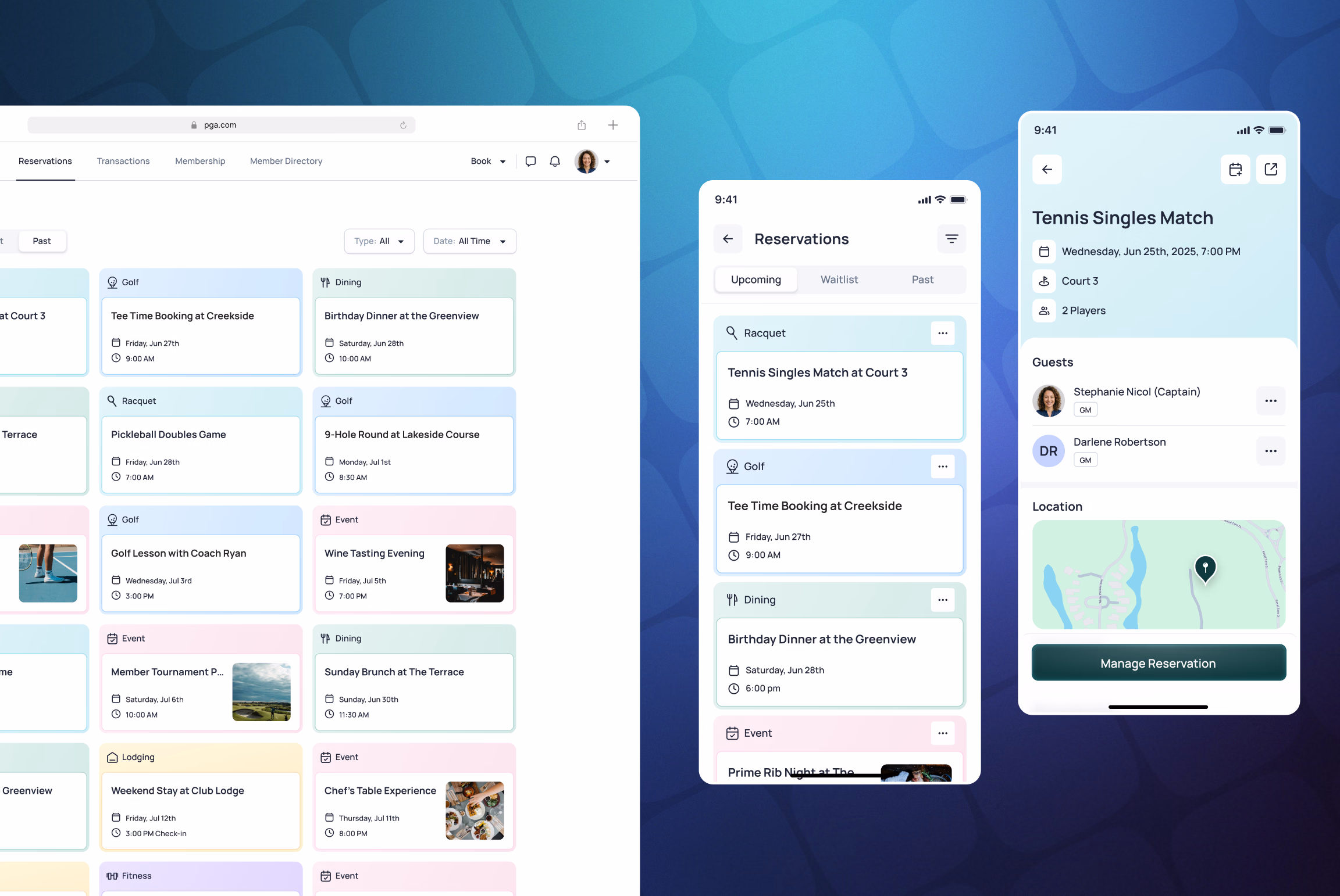 Three mobile app screens showing unified reservation features with event listings, user profiles, and location maps