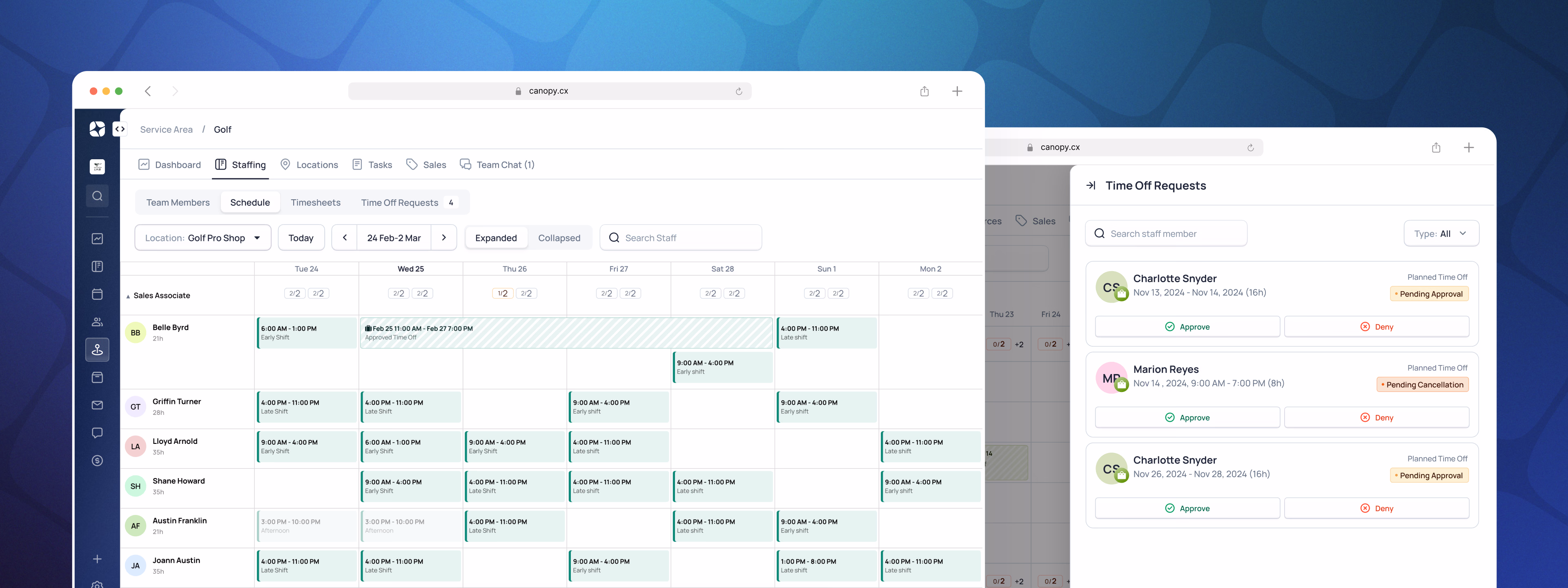 Software dashboard showing club and staff management interface with scheduling calendar and user profile panel on right side