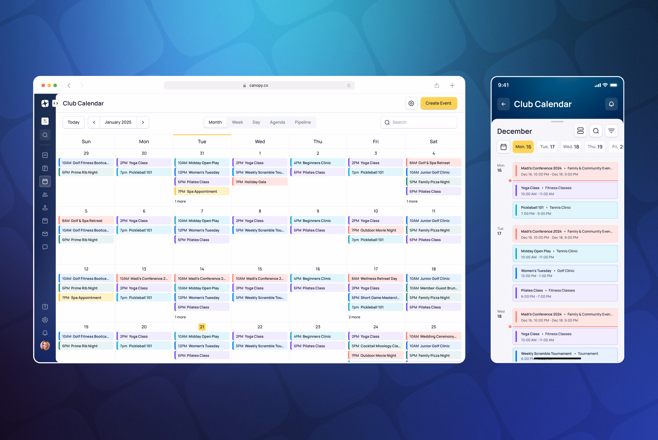 Club Calendar application showing December schedule with color-coded events on desktop and mobile interfaces