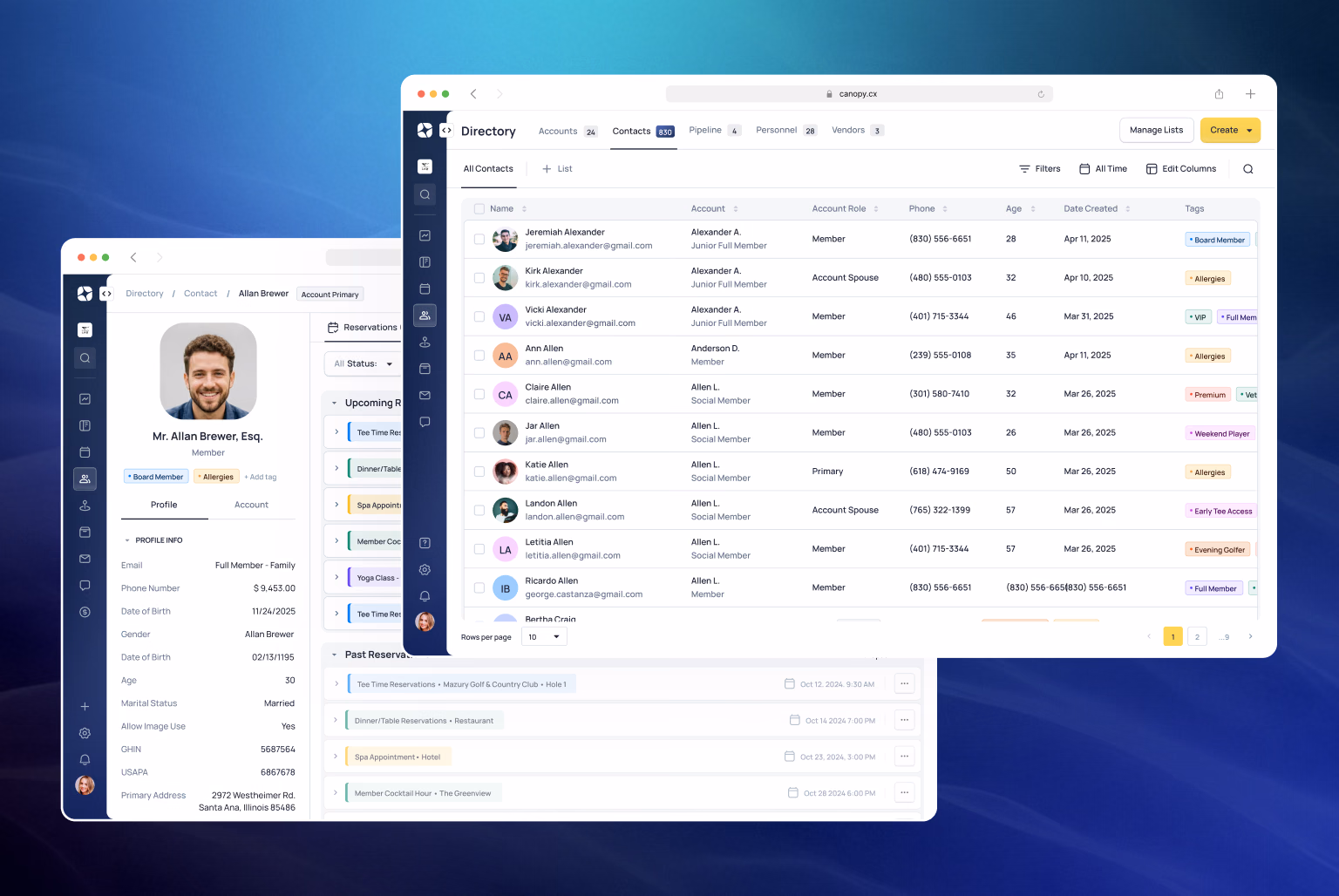 Canopy member and guest management dashboard displaying contact list with profiles and activity details