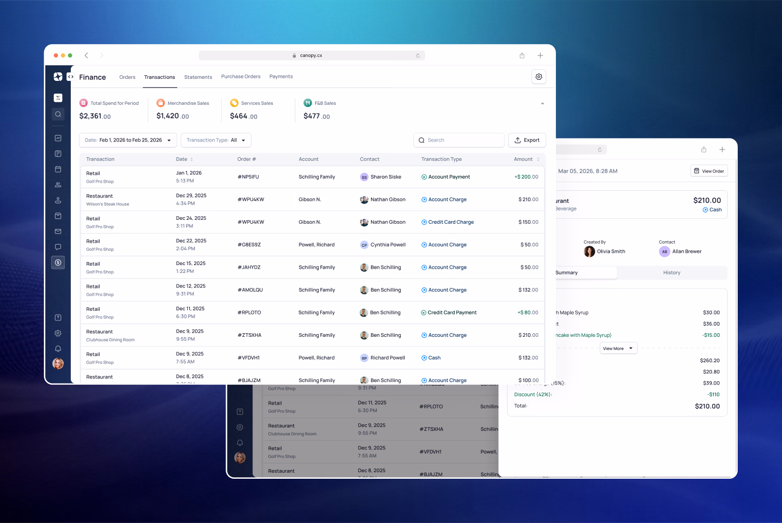 Dashboard interface showing automated billing, payments, and transaction management with multiple data columns and reporting windows