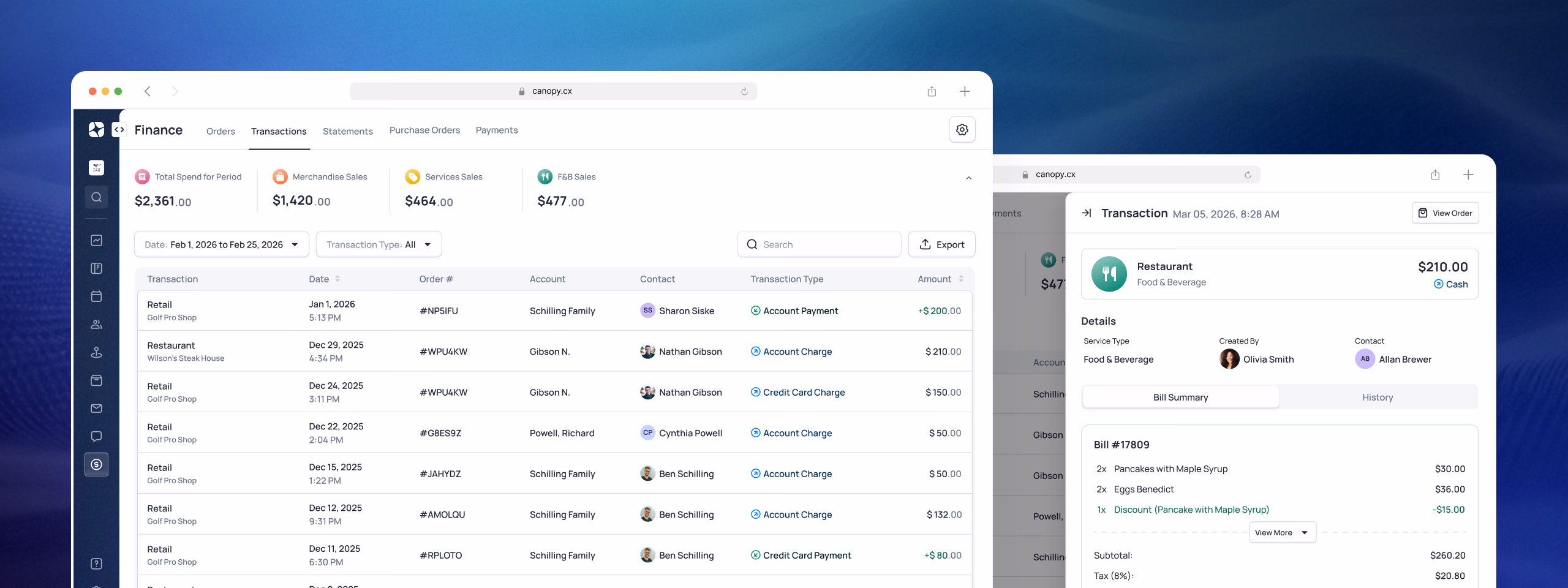Dashboard interface showing automated billing and payments management with transaction lists and financial summaries