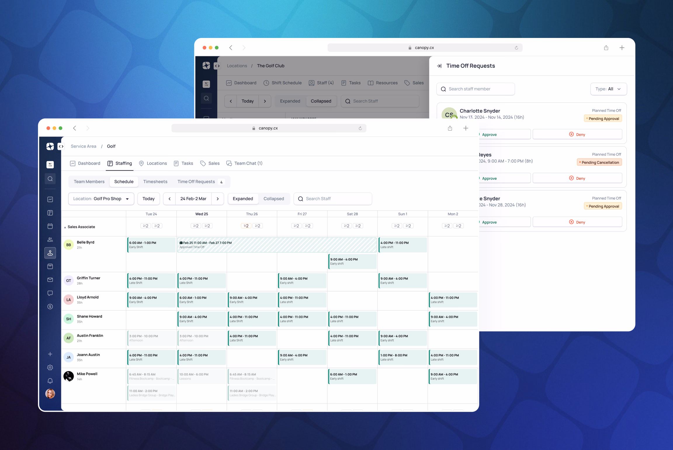 Multiple overlapping windows showing a club management software interface with scheduling, staff assignments, and request management features