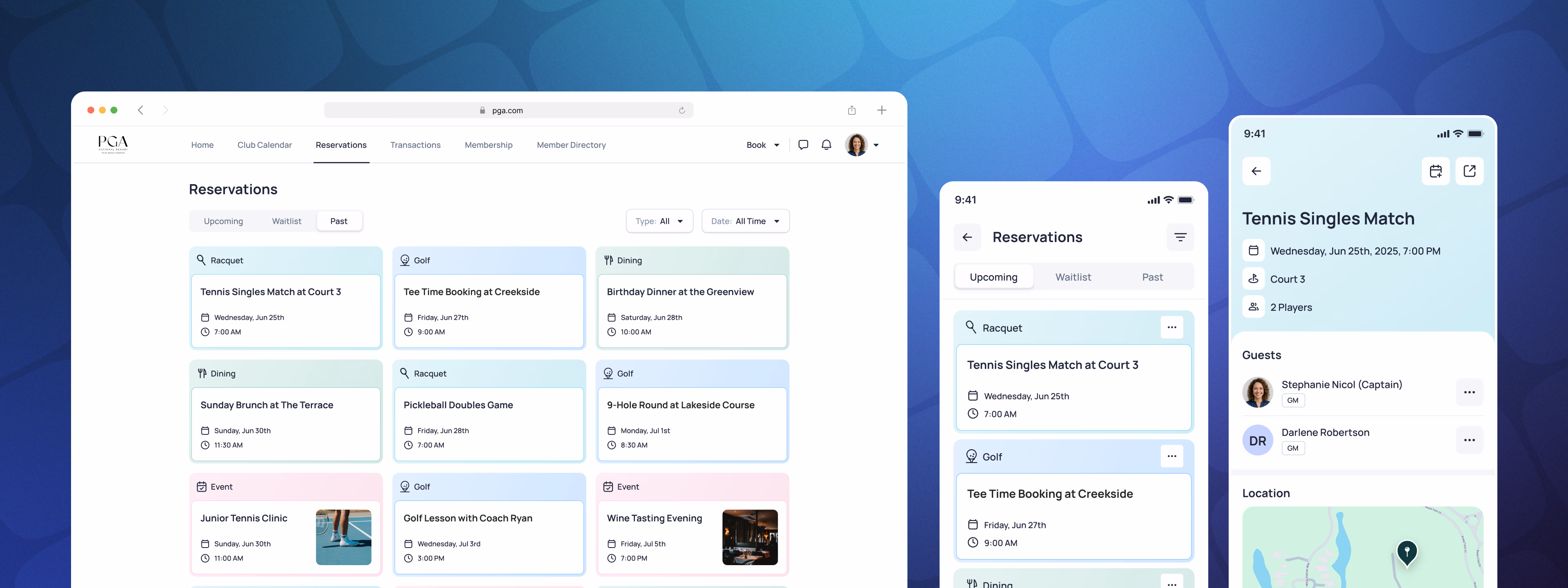 Desktop and mobile mockups of a reservations management interface with booking cards and details