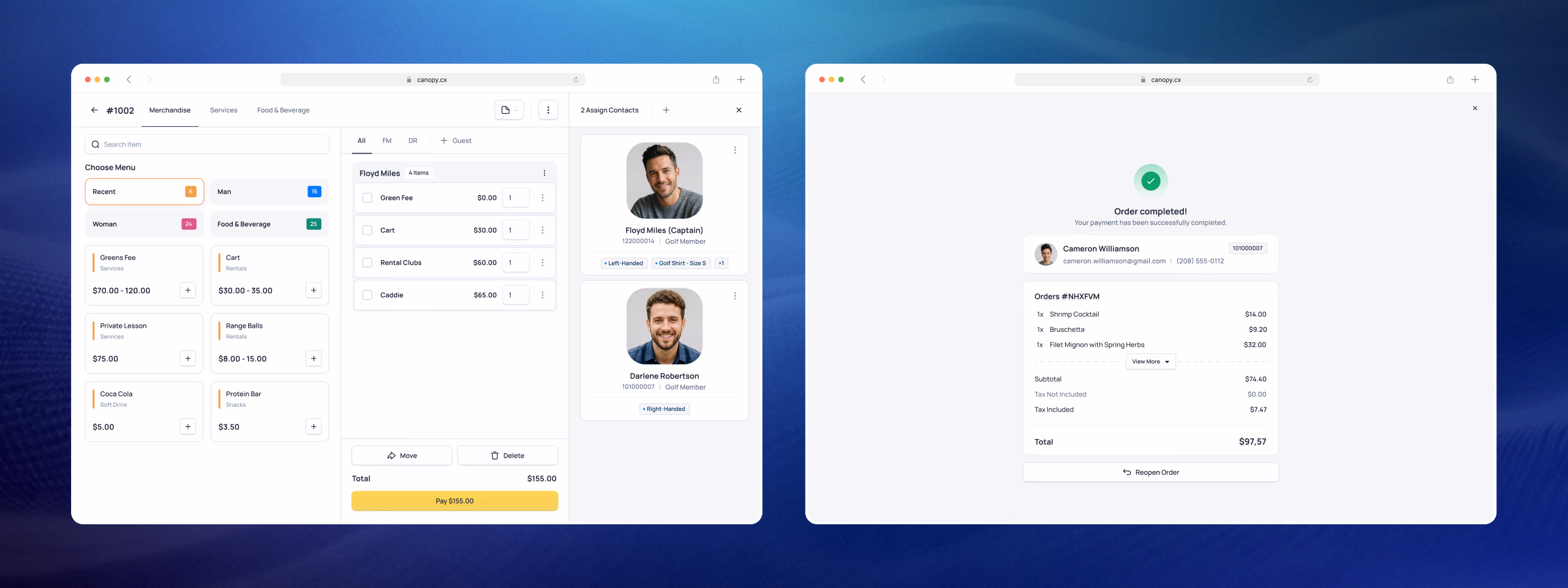 Two dashboard interfaces showing POS system features with user profiles and transaction details