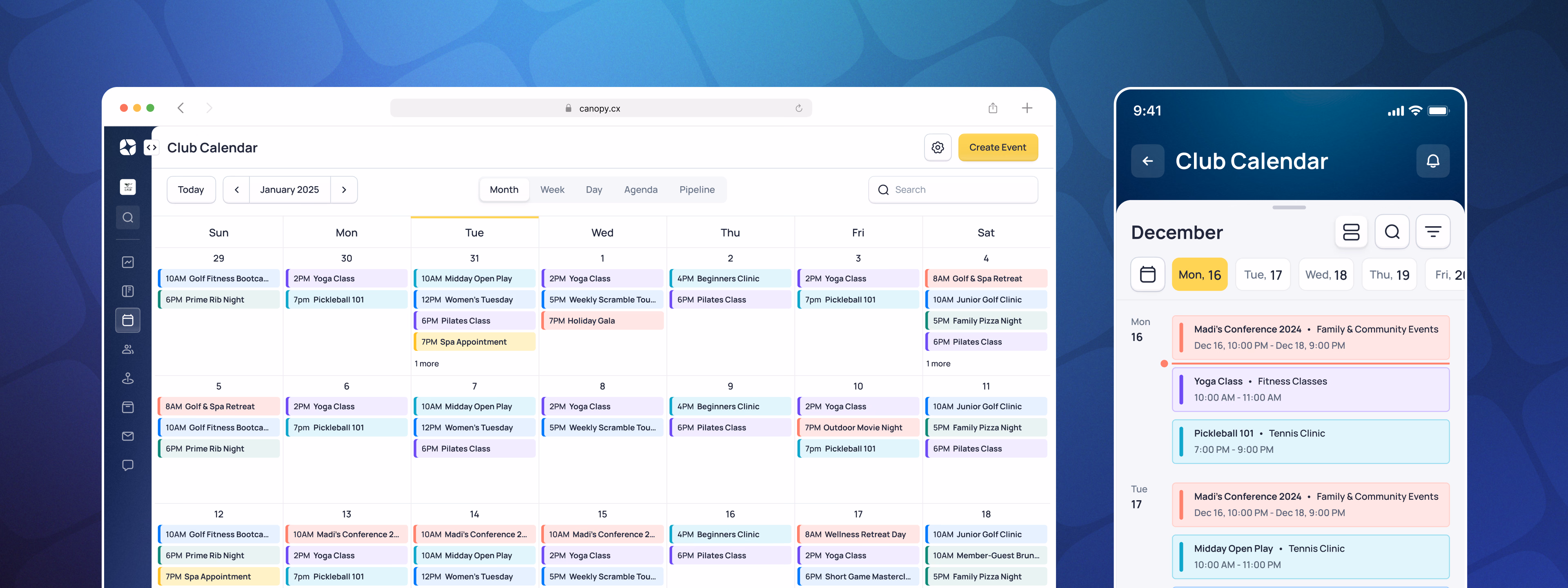 Canopy calendar application displayed on desktop and mobile screens showing December schedule with color-coded events