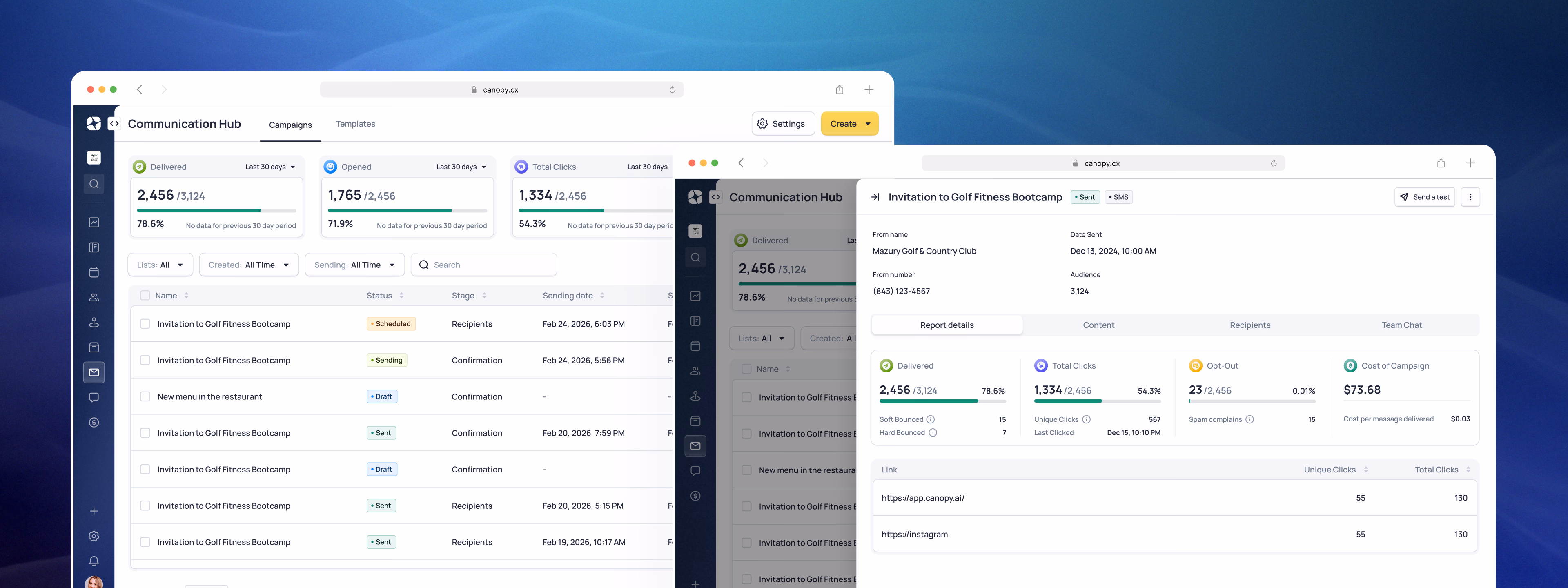 Multiple dashboard screens showing integrated communications platform with analytics, data tables, and management tools