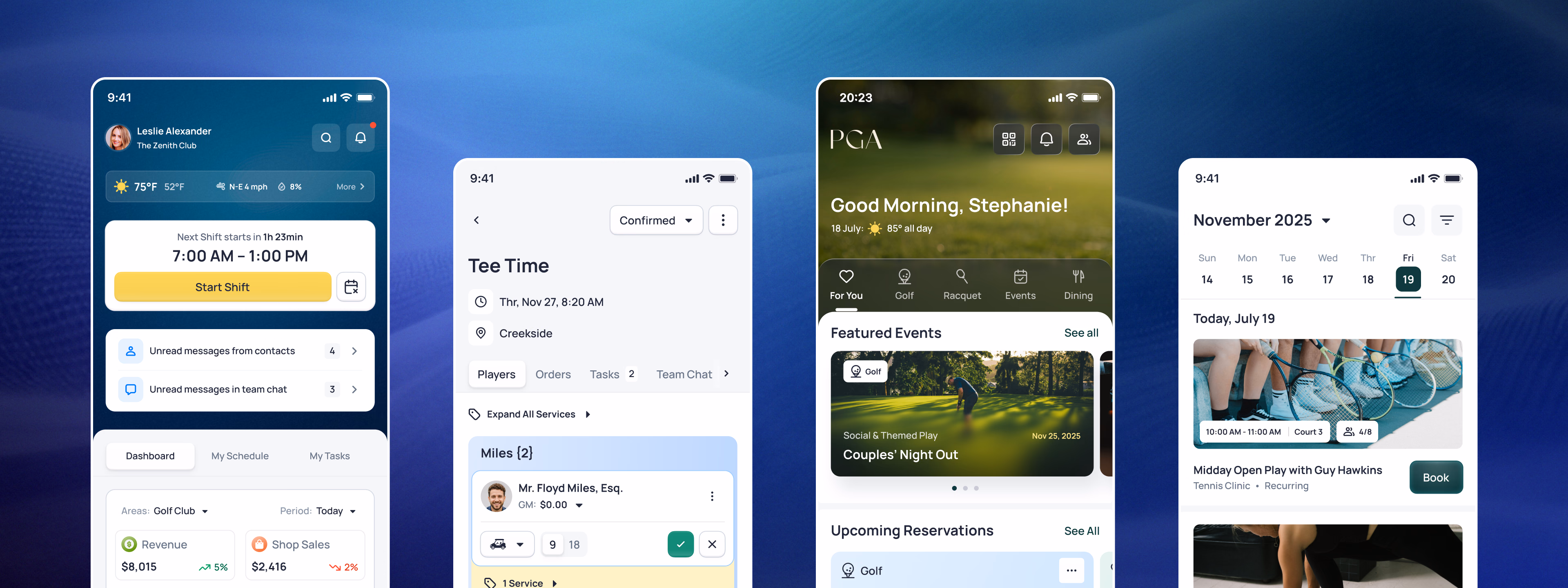 Four mobile app screens displaying tea time bookings, reservations, and upcoming events with green nature-themed imagery