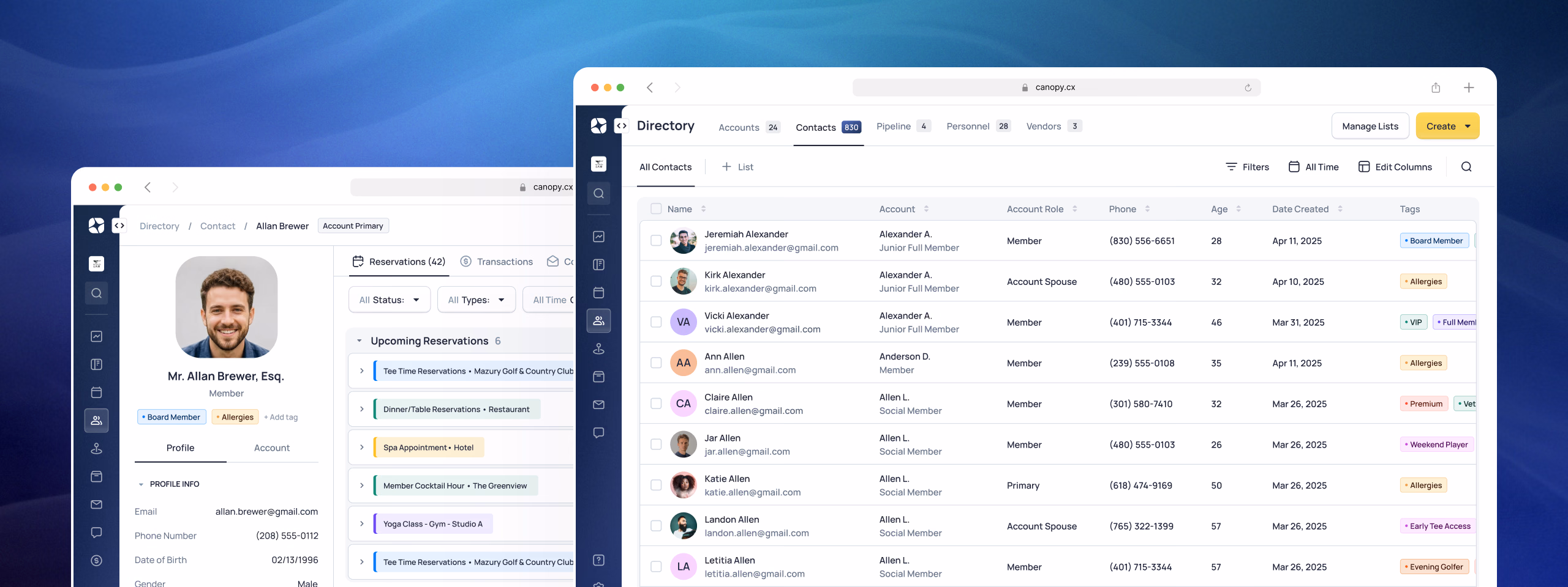 Software dashboard showing member and guest management interface with user profiles and data table