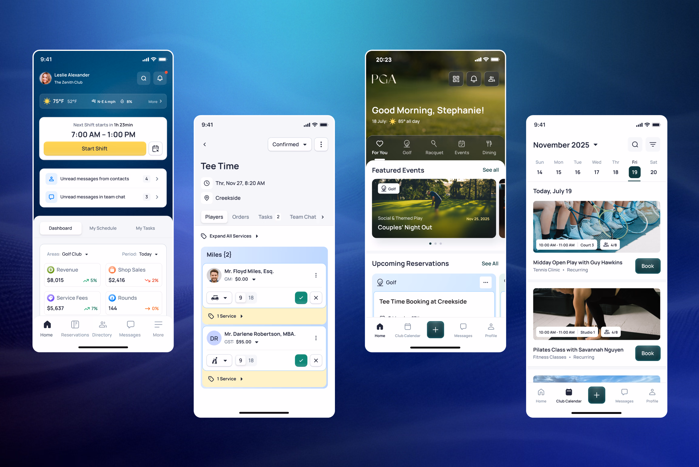 Four mobile app screenshots displaying travel booking features including reservations, tea time scheduling, and event details