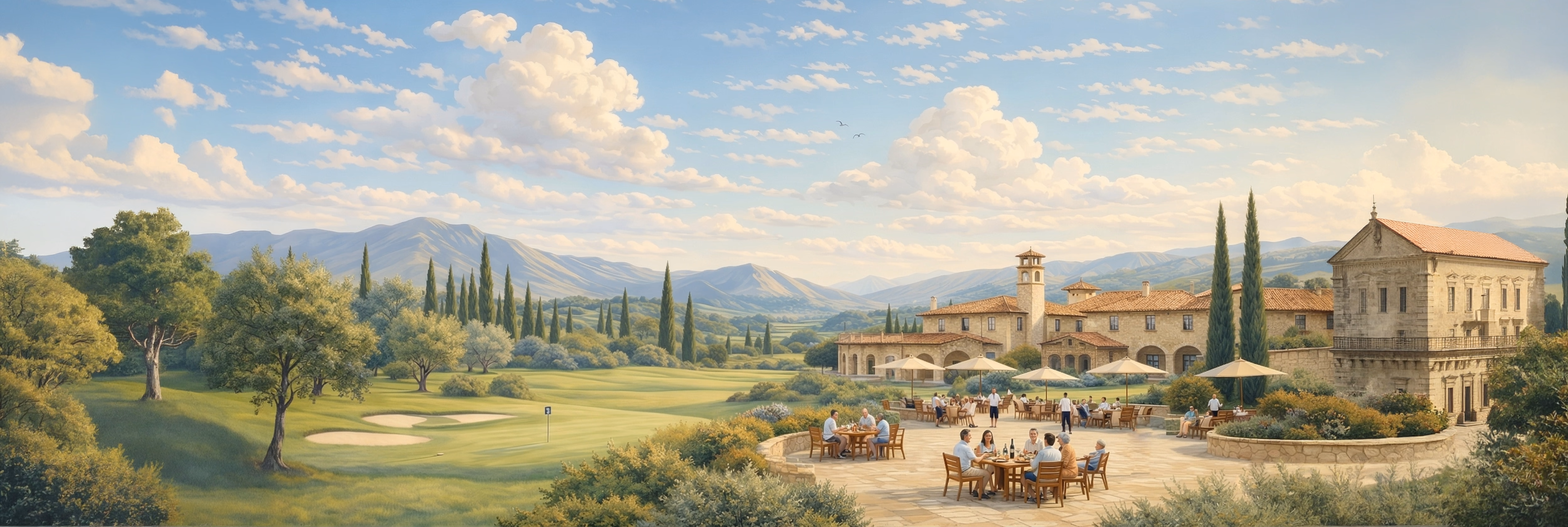 Tuscan villa estate with manicured gardens, cypress trees, and guests gathering on the terrace under blue sky