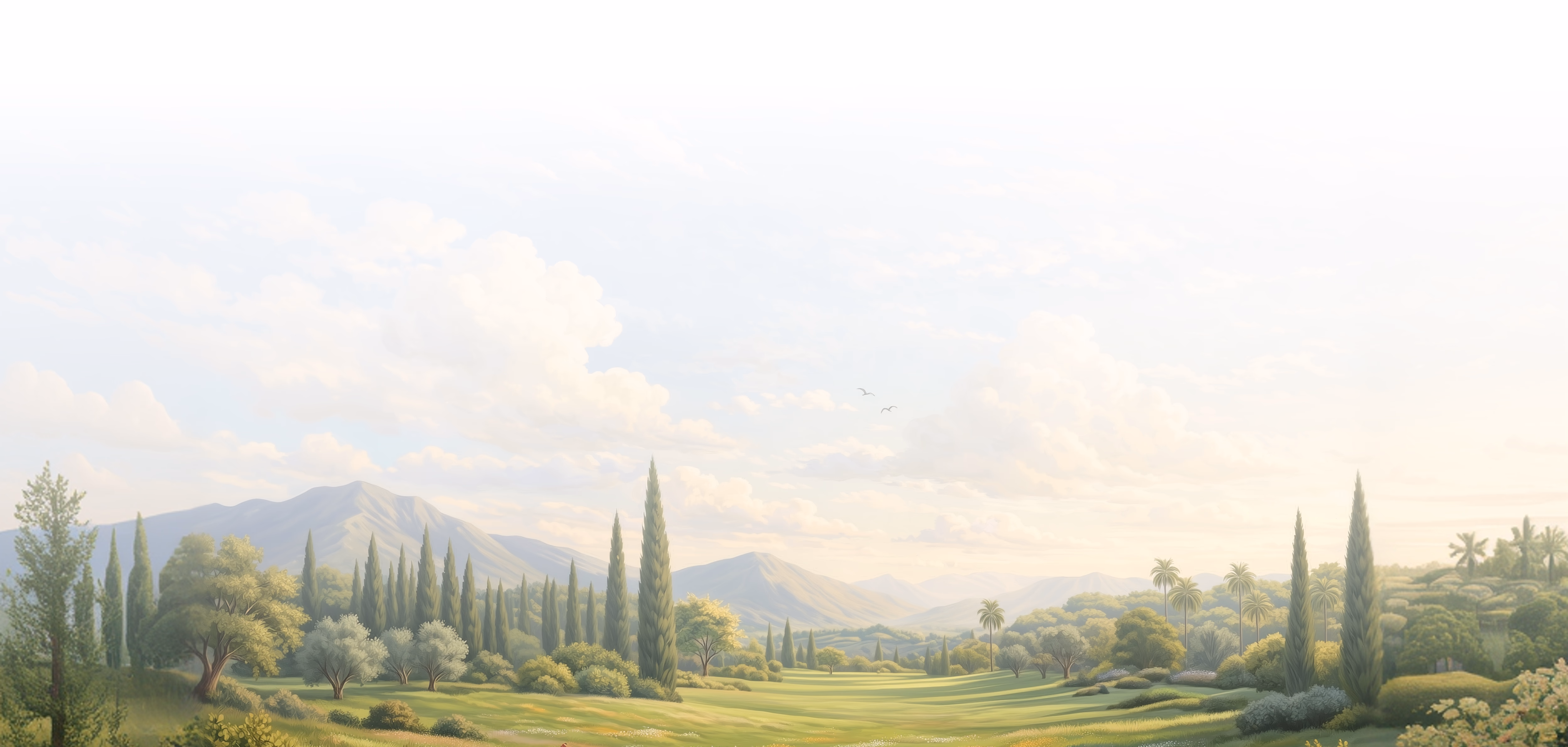 Scenic Tuscan landscape with cypress trees, rolling green fields, and distant mountains under a soft sky