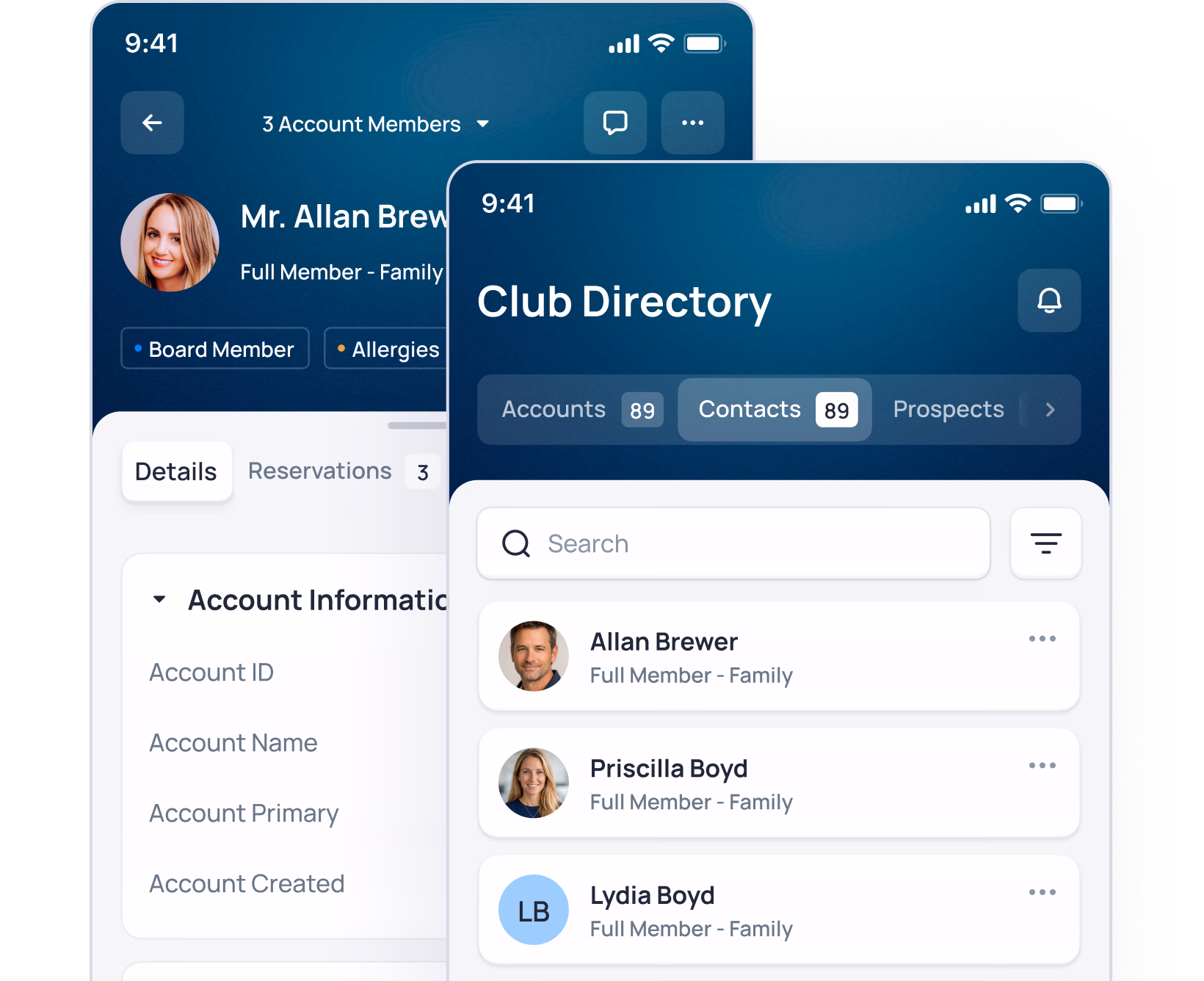 Club Directory showing account members Allan Brewer, Priscilla Boyd, and Lydia Boyd with Full Member-Family status