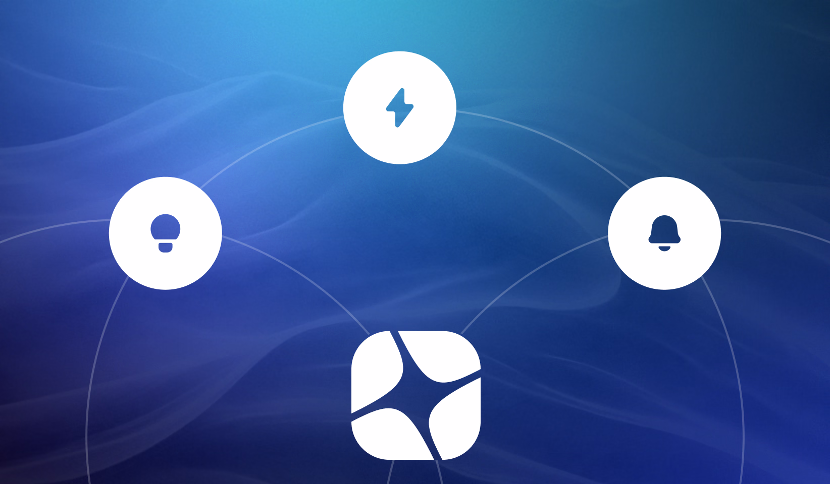 Four connected icons representing lightbulb, power, bell, and settings around central logo on blue background