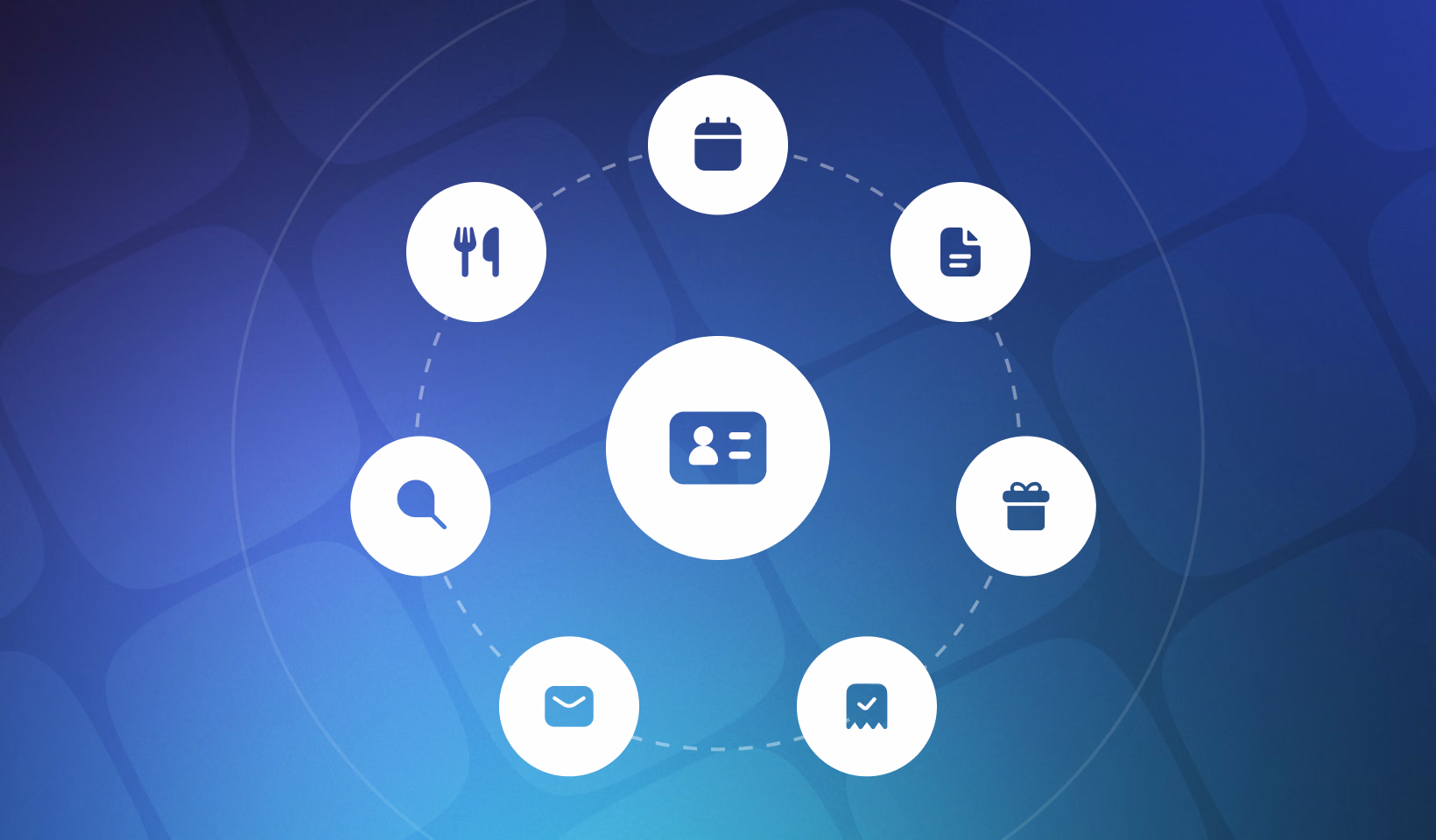 Circular network diagram with central user profile icon connected to eight surrounding icons representing communication, scheduling, and document management tools