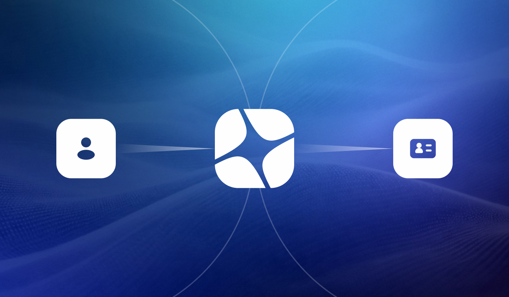 Three white app icons connected by glowing lines on a blue gradient background representing integration or connectivity