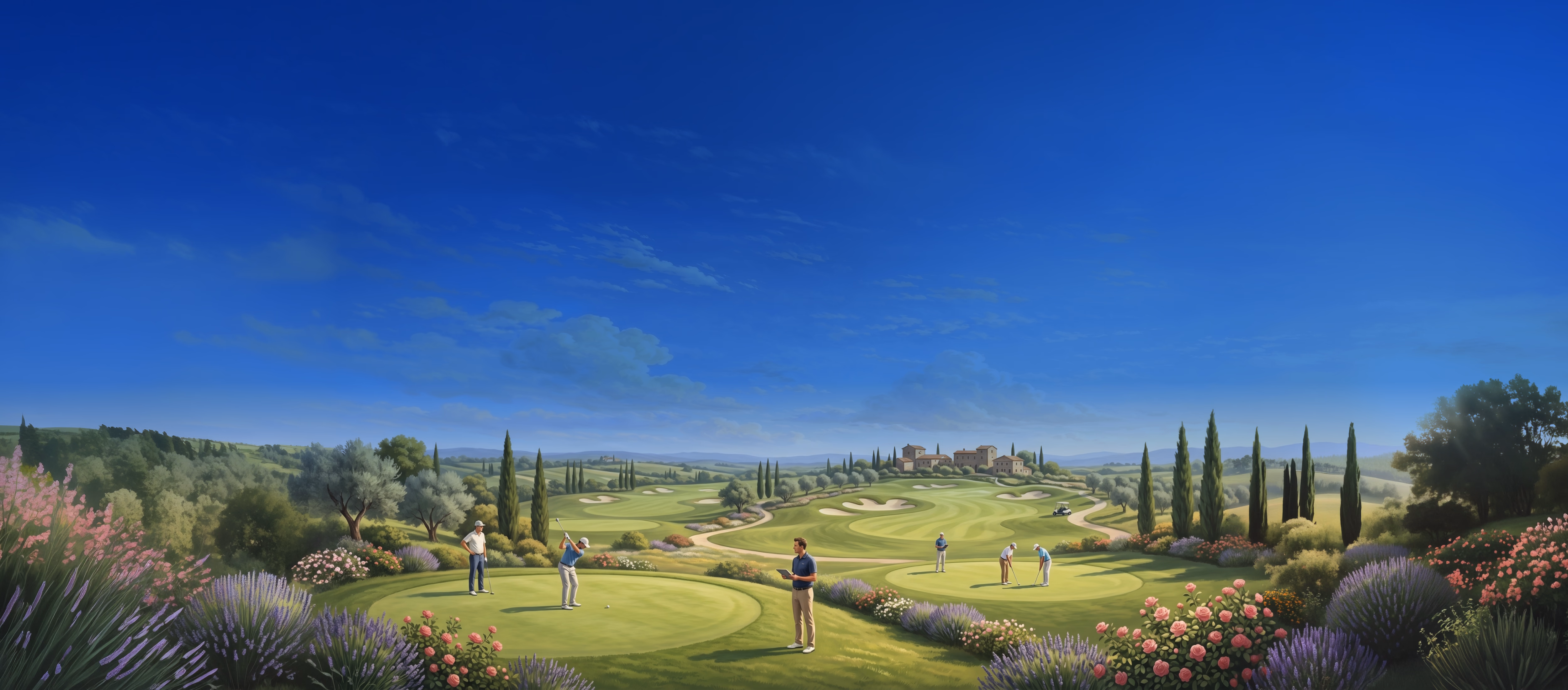 Scenic golf course landscape with cypress trees, rolling fairways, and Tuscan-style architecture in the distance