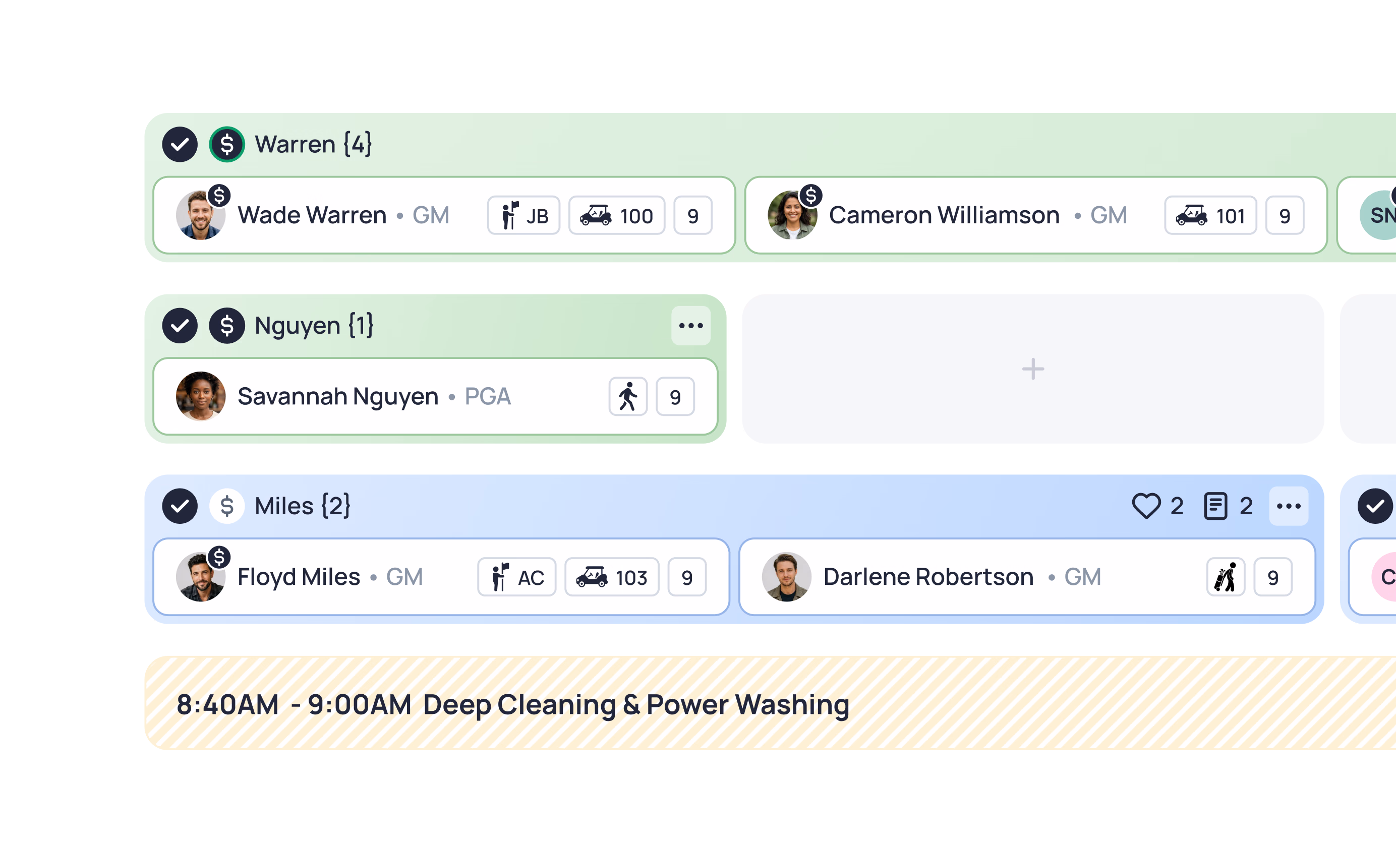 Team scheduling interface showing Warren, Nguyen, and Miles groups with member details and a Deep Cleaning & Power Washing appointment from 8:60AM-9:00AM