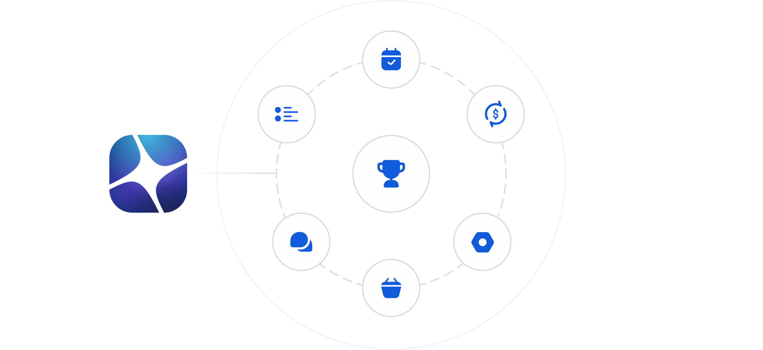 Blue logo surrounded by circular network of app icons representing integrated business tools and features