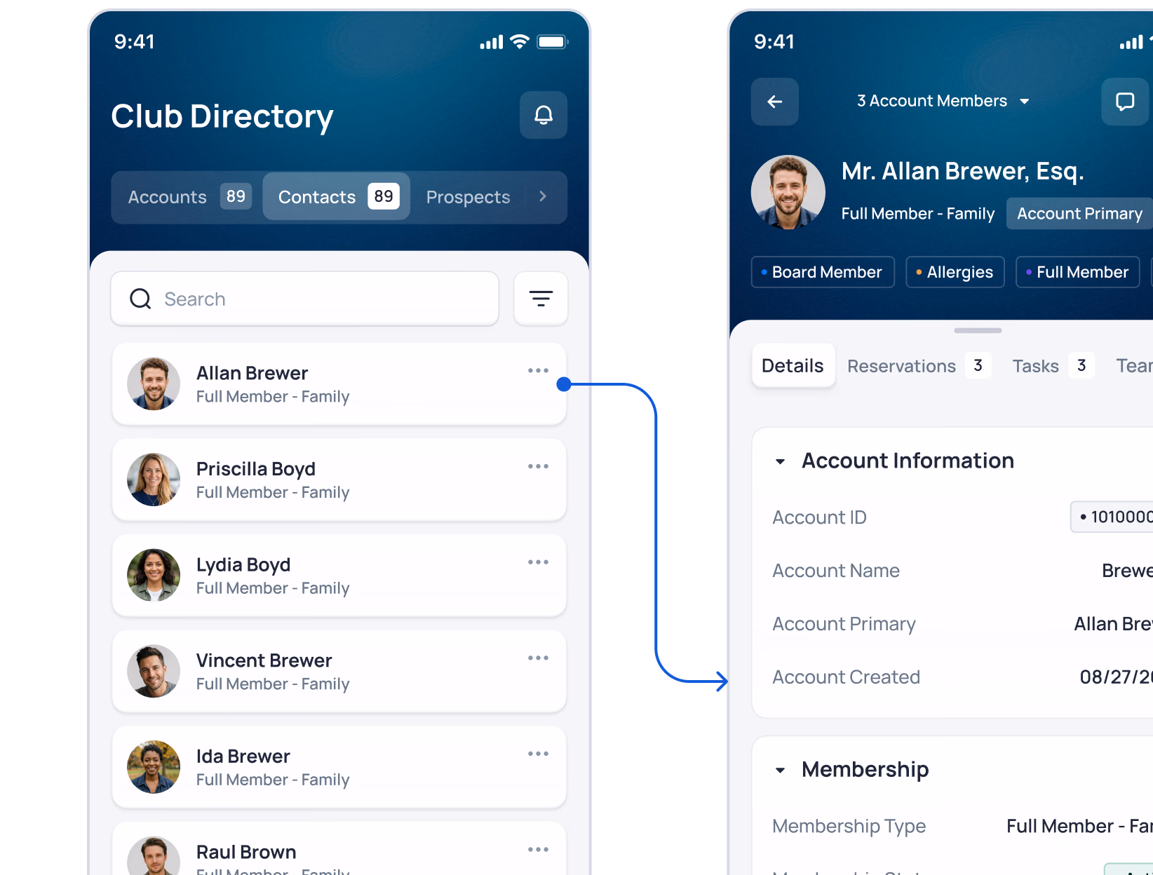Club Directory app showing member list with Allan Brewer selected, displaying account details and membership information