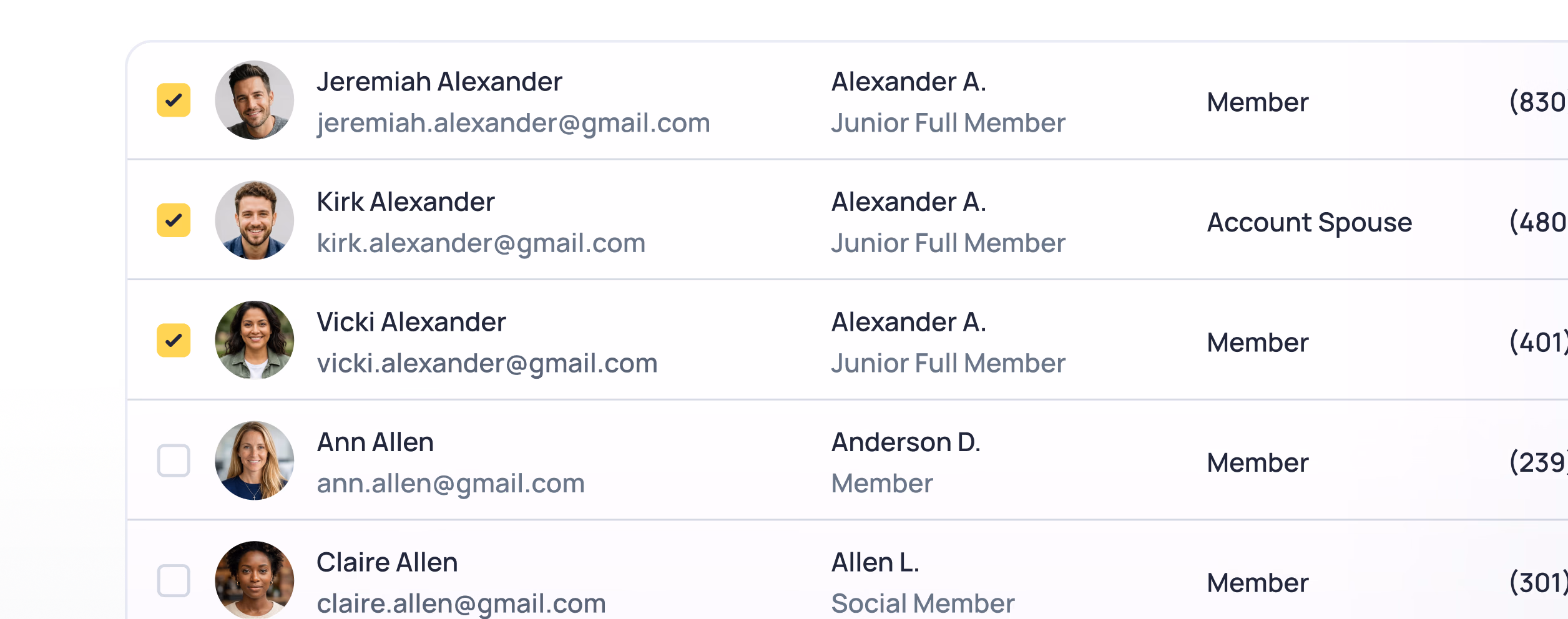 Member list showing Jeremiah, Kirk, and Vicki Alexander with checkmarks, plus Ann and Claire Allen, with membership types and IDs